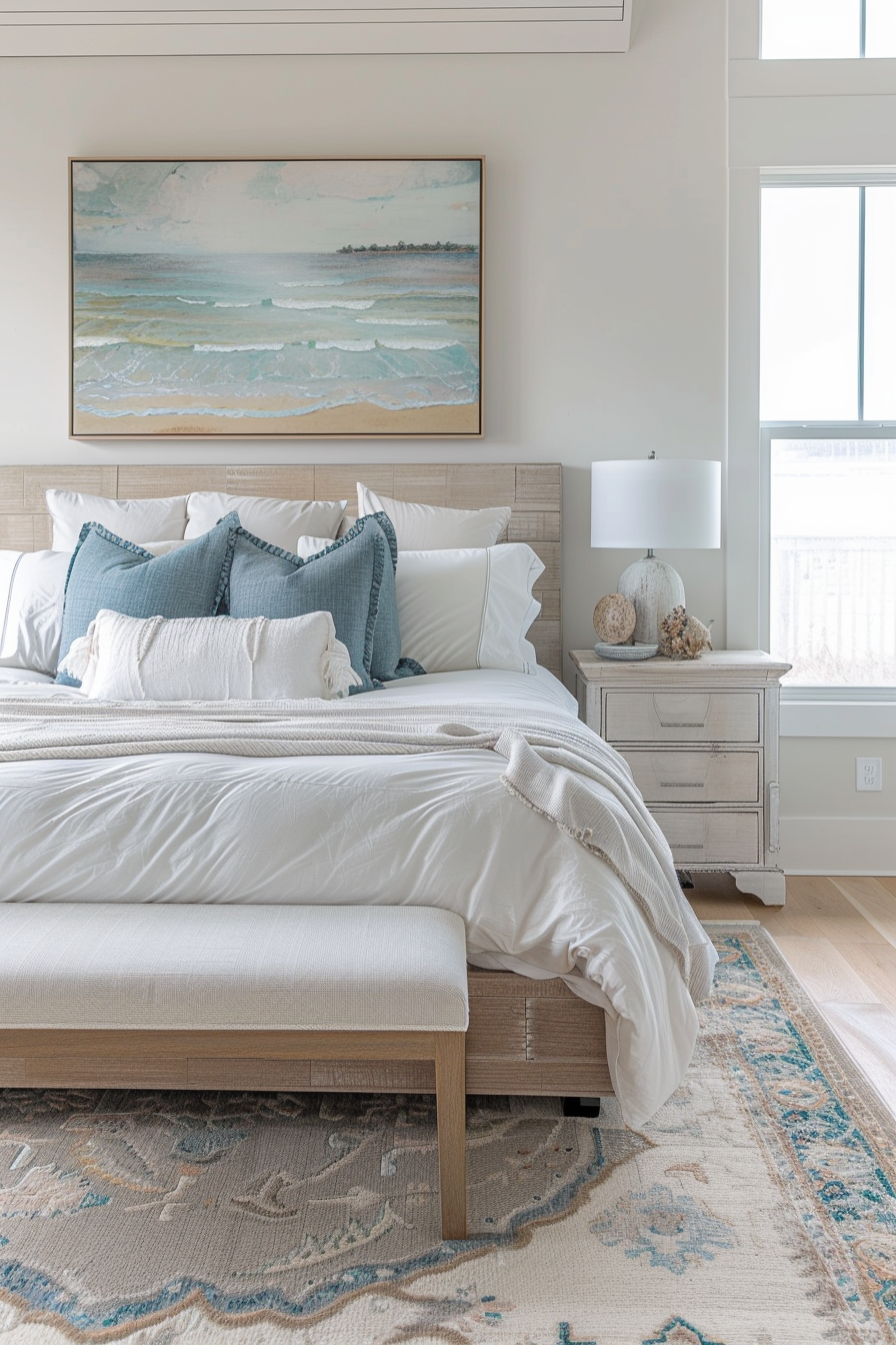 A serene bedroom with a plush white bed, blue accent pillows, a beach scene artwork above, and a light-filled window to the right.