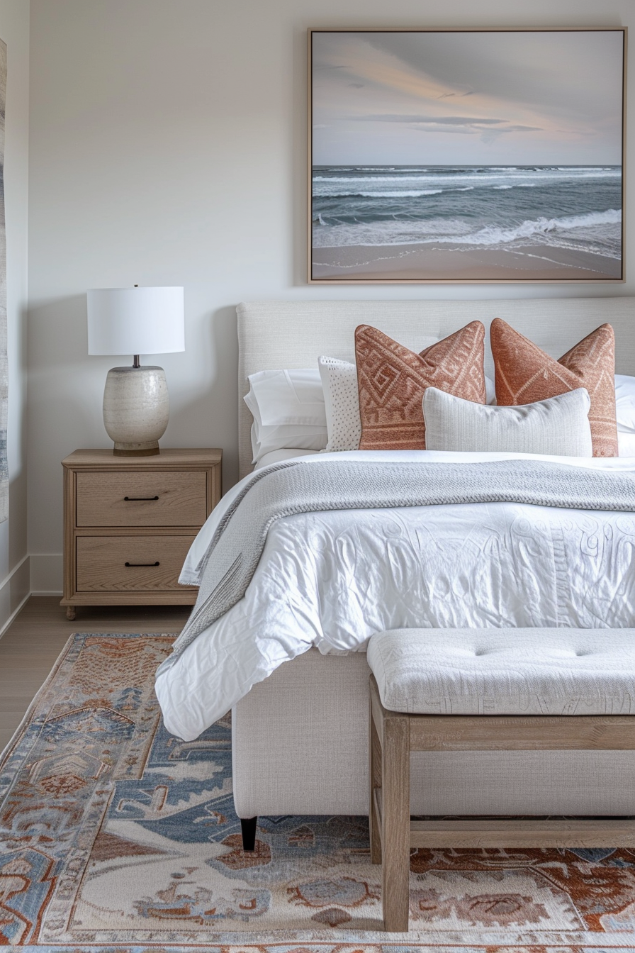 Cozy bedroom with an upholstered bed, patterned pillows, a beach-themed artwork, a wooden nightstand, lamp, and an ornate area rug.