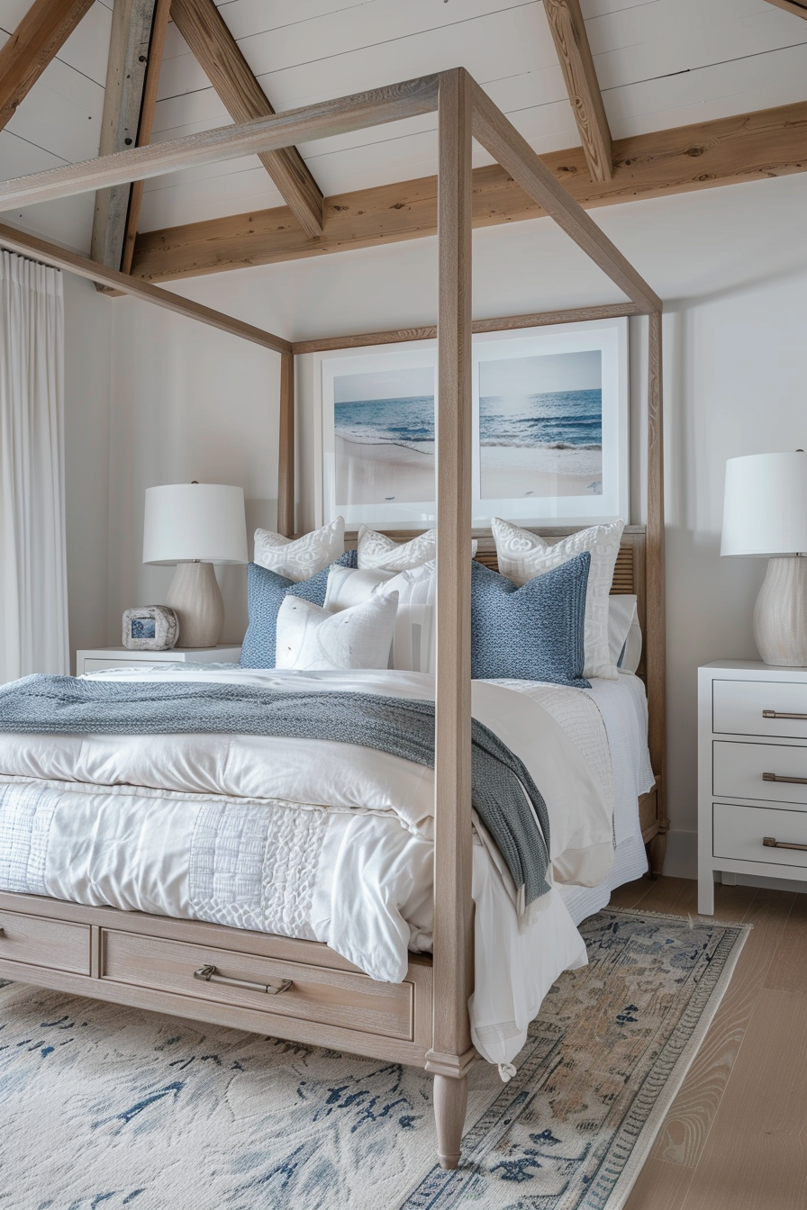 ALT: A cozy beach-themed bedroom featuring a four-poster bed with white and blue bedding, wooden beams on the ceiling, and framed ocean art.