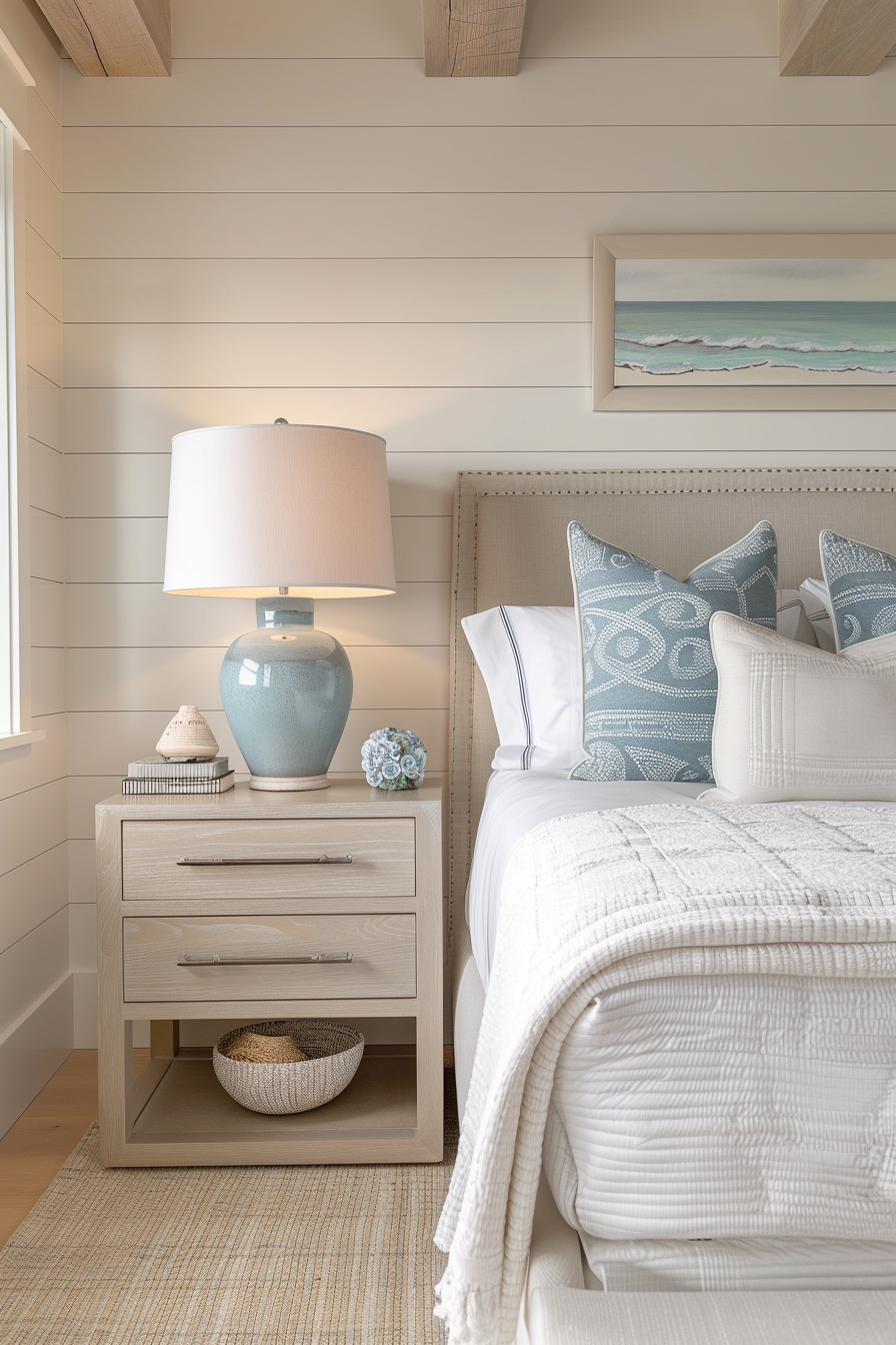 Cozy coastal bedroom corner with beige upholstered bed, light blue ceramic lamp on nightstand, and ocean-themed decor.