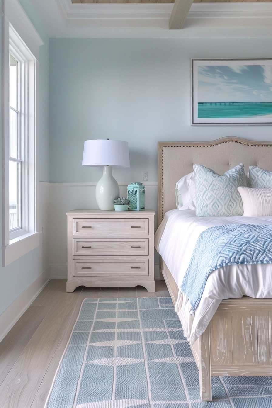 A serene bedroom with a plush bed, beige headboard, matching nightstand and lamp, a framed ocean print, and blue area rug.
