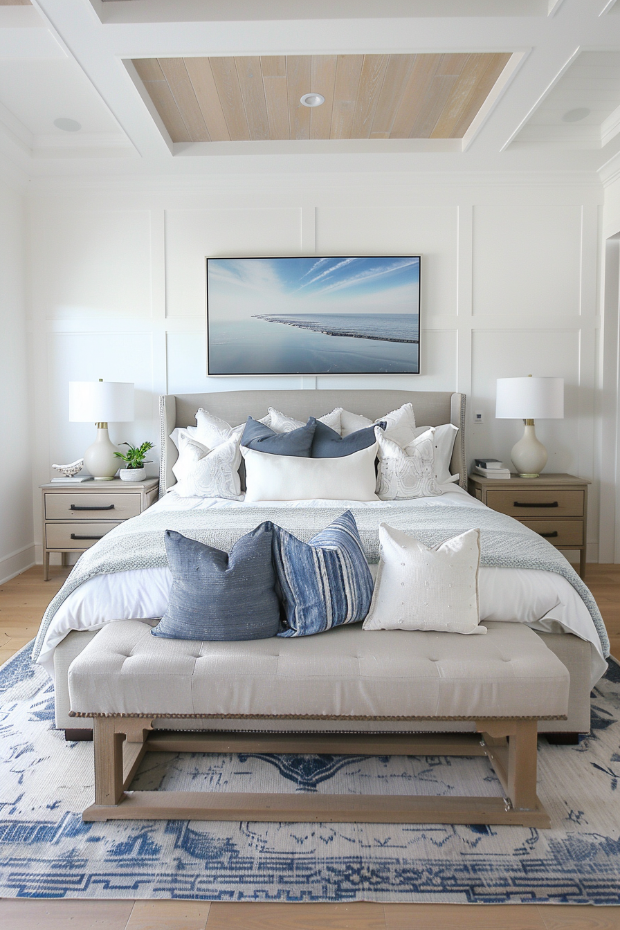 A serene bedroom with a plush bed, a bench at the foot, white and blue decor, and a landscape painting above the bed.
