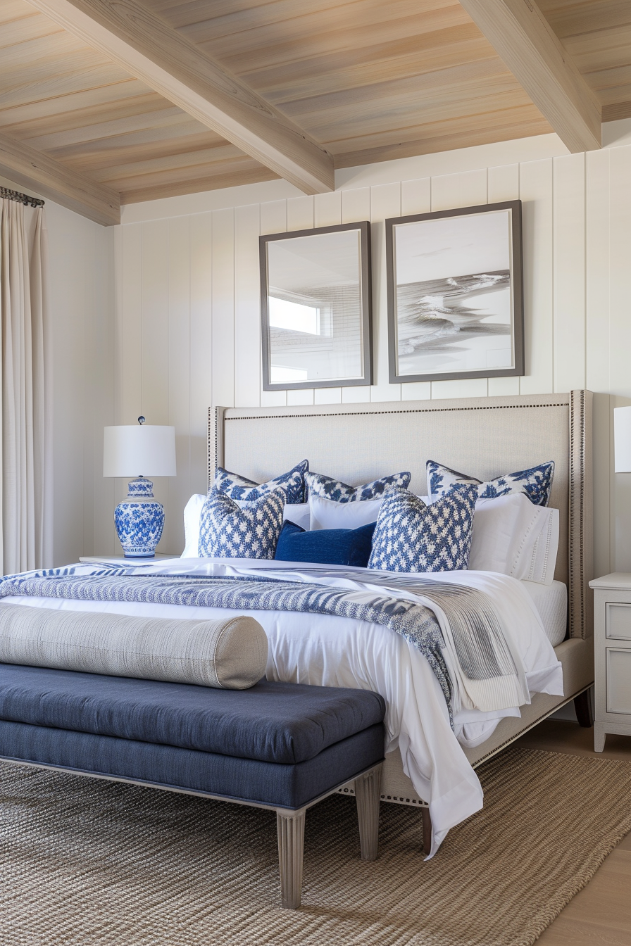 A cozy bedroom with a neatly made bed, blue and white pillows, wooden ceiling beams, and calming artwork above the bed.