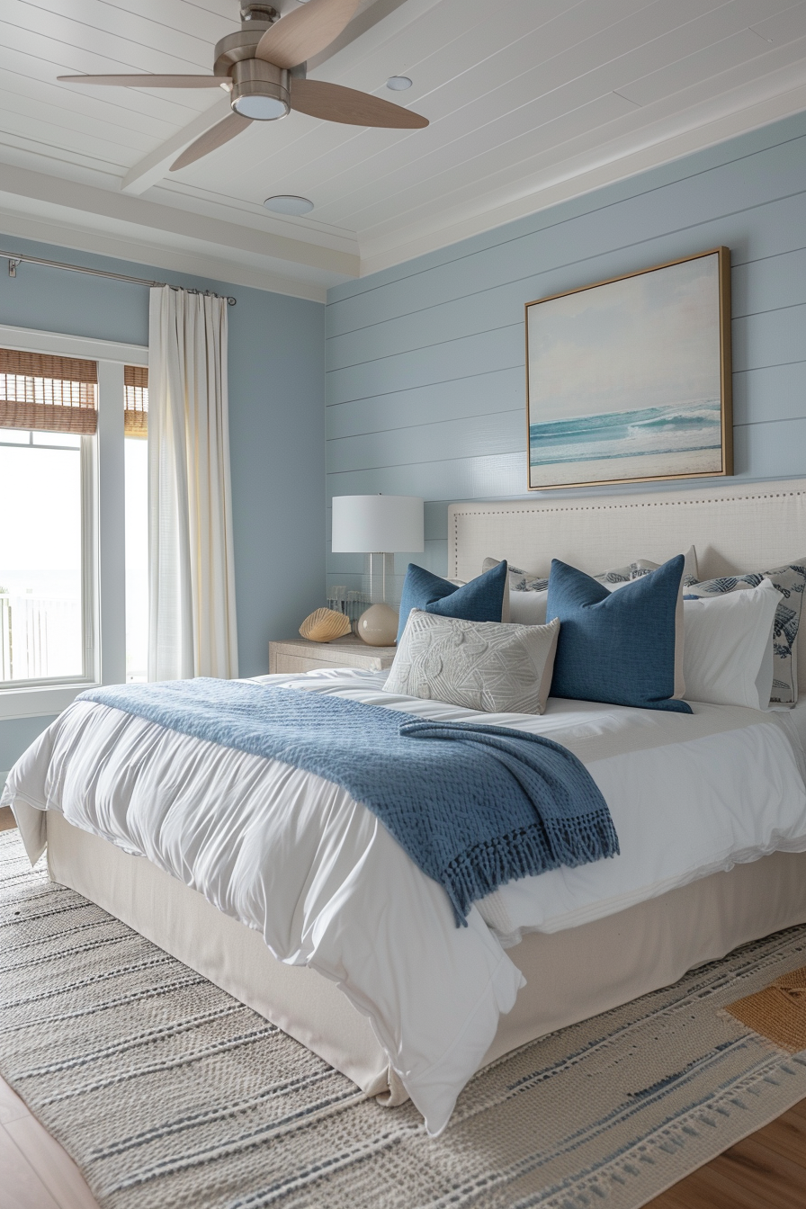 Coastal-themed bedroom with blue walls, white ceiling with fan, framed ocean painting, and bed with blue and white bedding.