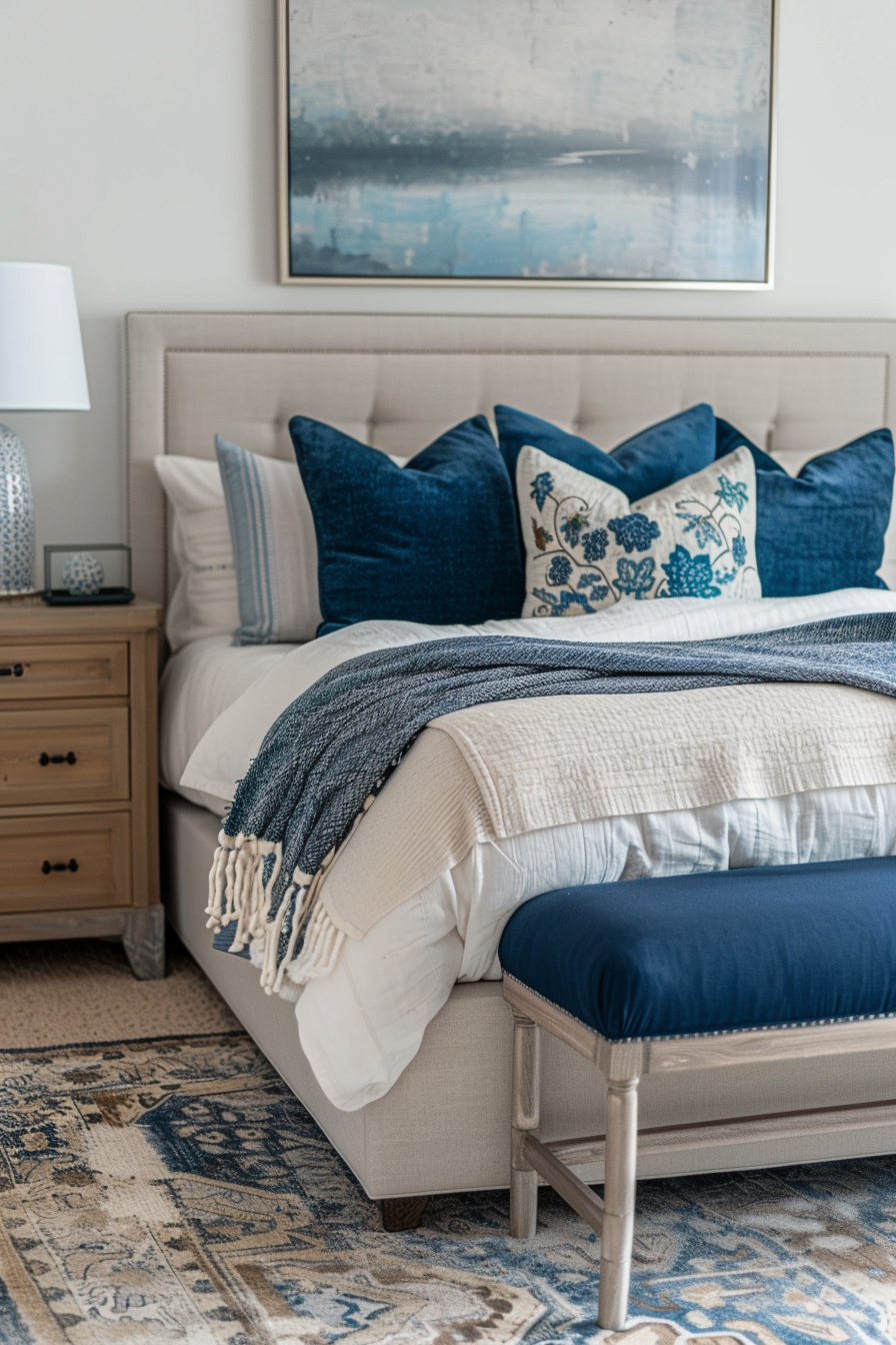 A cozy bedroom with a neatly made bed, blue and white pillows, a knitted throw, and a calming painting above.