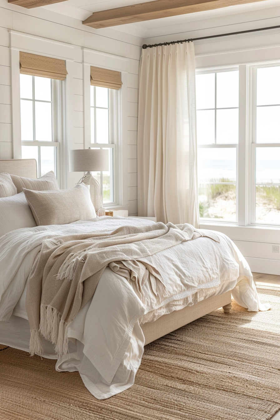 A cozy bedroom with a beige upholstered bed, white linens, wooden ceiling beams, and a view of the beach through windows.
