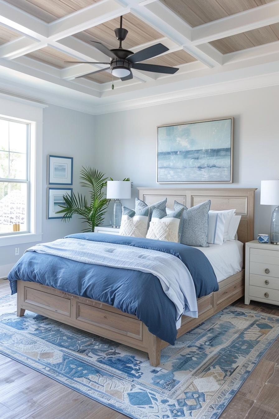 ALT: A bright bedroom with a coffered ceiling, ceiling fan, wooden bed with blue and white bedding, framed art, and a patterned area rug.