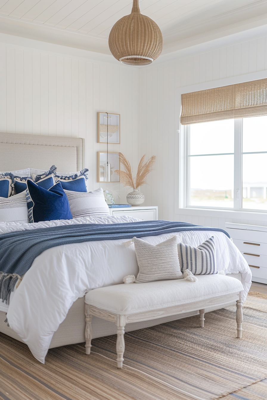 A cozy bedroom with a neatly made bed, blue accents, a wicker pendant light, and coastal decor.