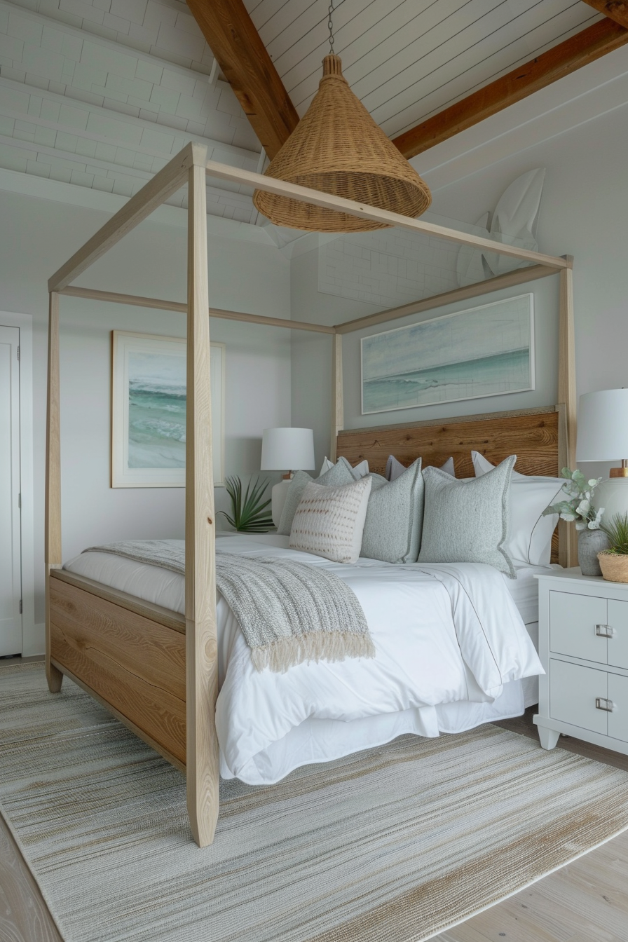 ALT: A bright, coastal-style bedroom with a wooden four-poster bed, white linens, layered pillows, a woven pendant light, and beach artwork.