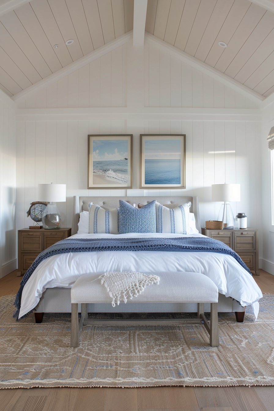 Cozy bedroom with a neatly made bed, blue and white bedding, framed sea-themed artwork, and wooden nightstands under a vaulted ceiling.