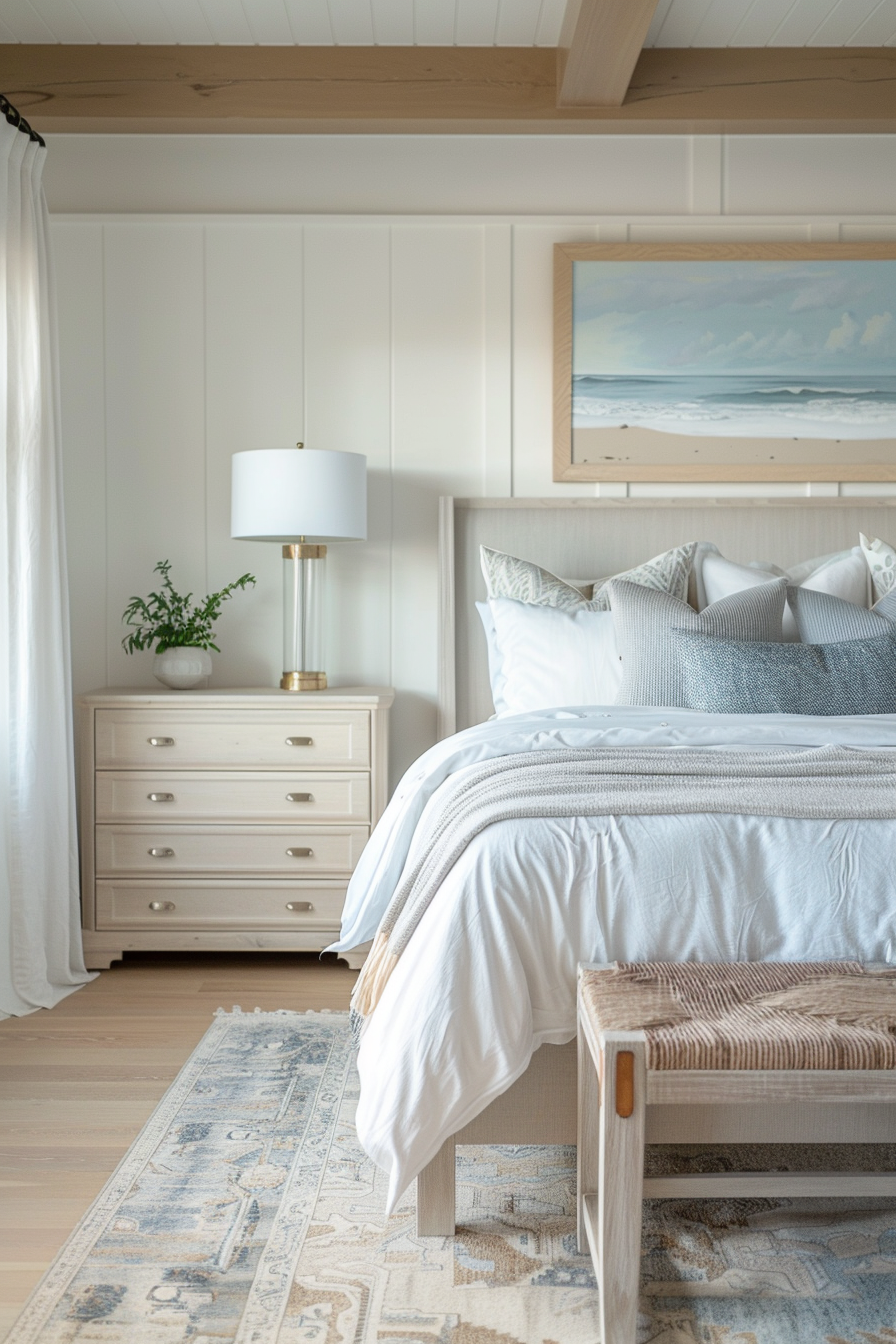 Cozy bedroom interior with a neatly made bed, a white dresser, a lamp, and a beach-themed painting above the bed.