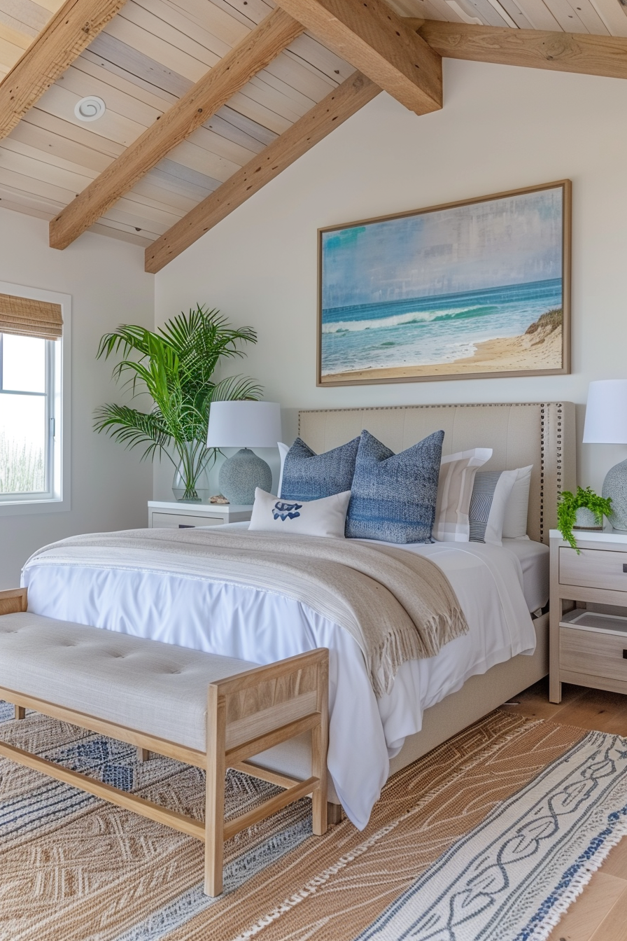 A cozy bedroom with exposed wooden beams, white bedding, blue accent pillows, a beach scene painting, and a potted plant.