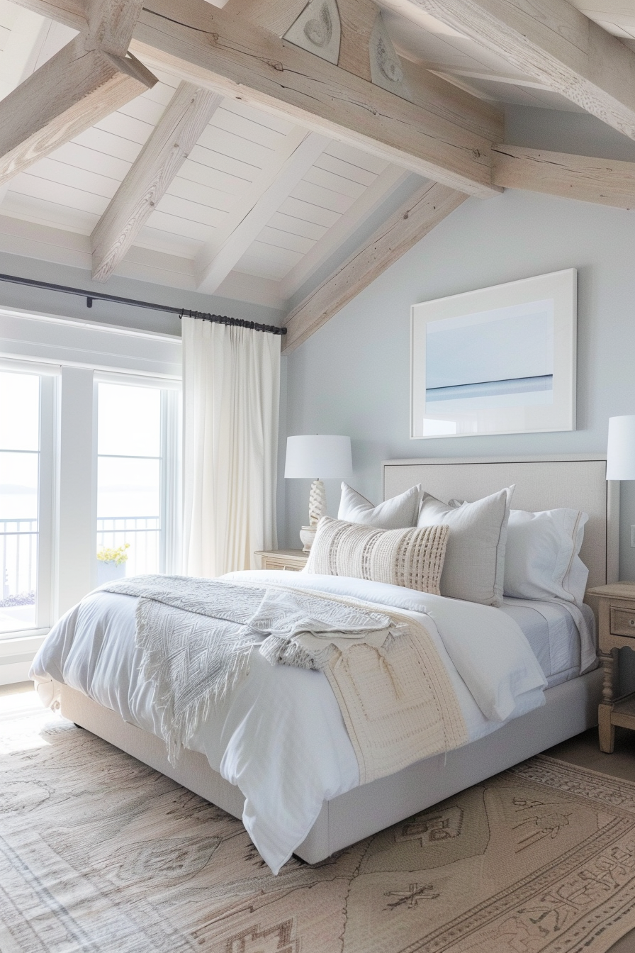 A serene bedroom with a vaulted ceiling, exposed beams, crisp white bedding, textured throw blankets, and a view of the outdoors.