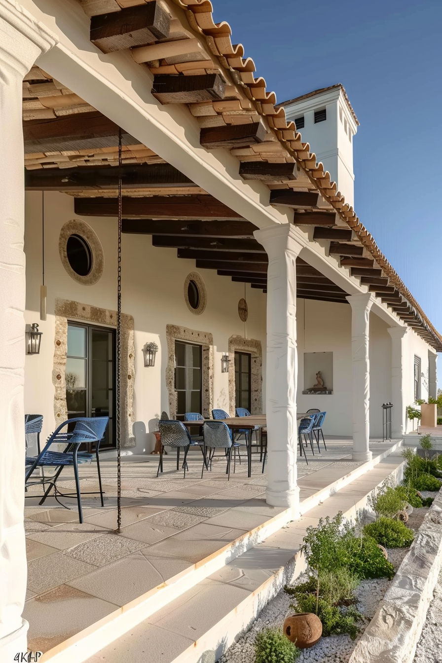 A Mediterranean-style veranda with white columns, blue chairs, stone accents on walls, terracotta tiles, and a clear sky.