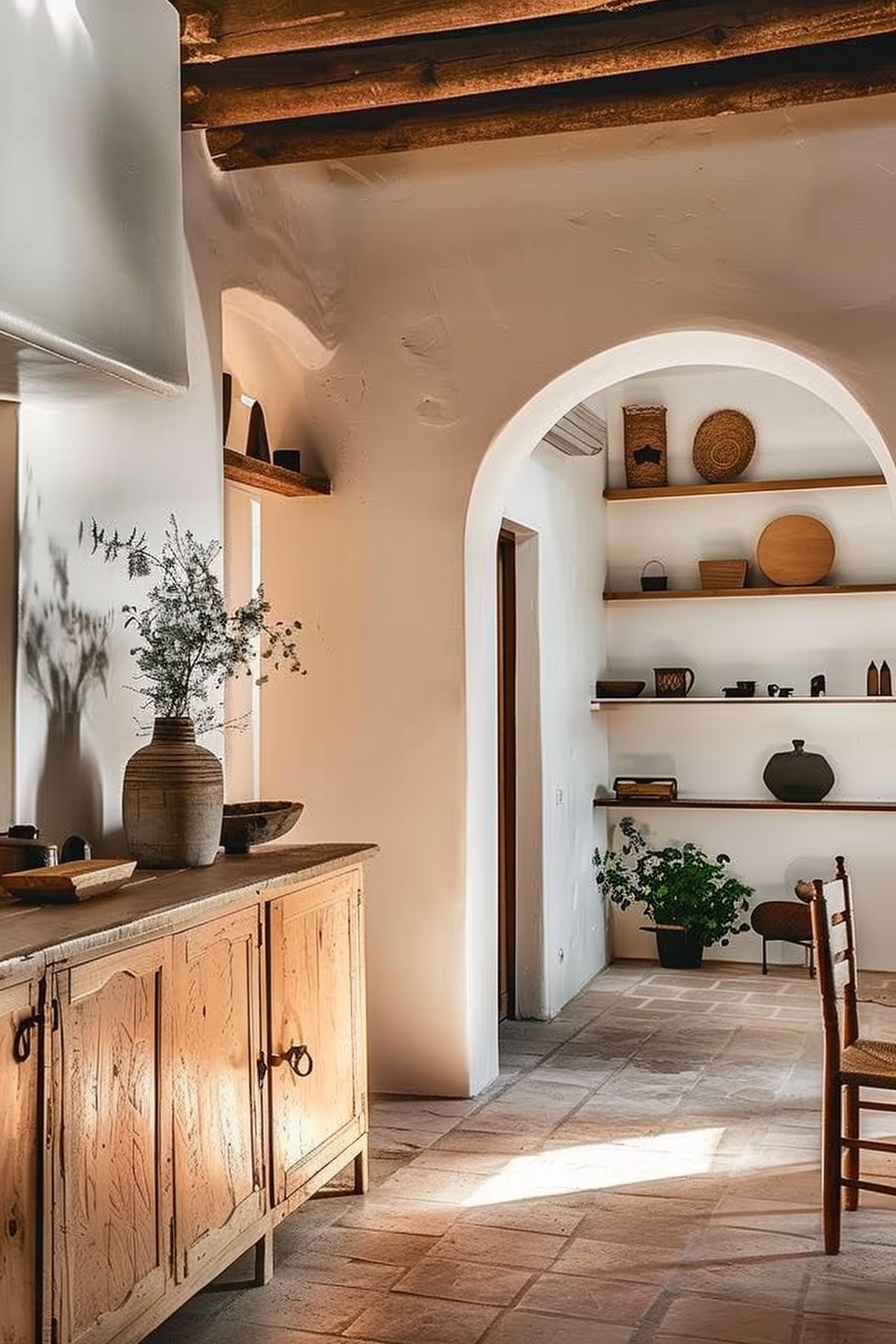 A rustic interior with warm sunlight, featuring an arched doorway, wooden furniture, and an array of pottery and plants.