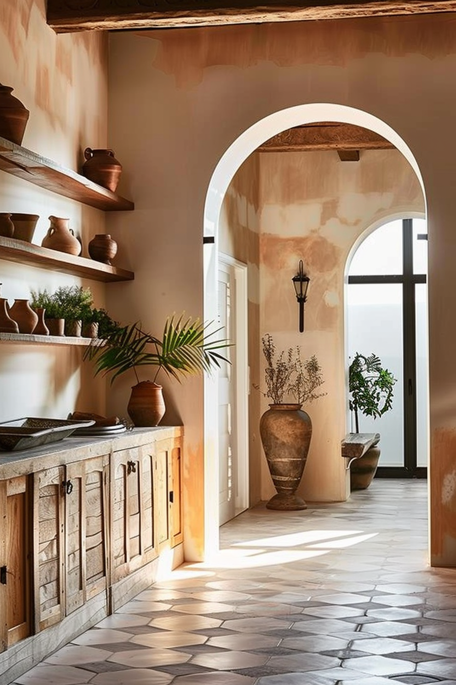 Warm-toned interior hallway with archway, rustic wooden cabinets, terracotta pots, and sunlit patterned floor tiles.