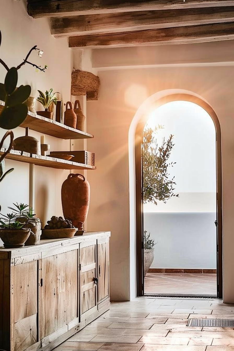 A rustic interior with wooden beams and furniture, potted plants, and a sunlit arched doorway that opens to a view of the outdoors.