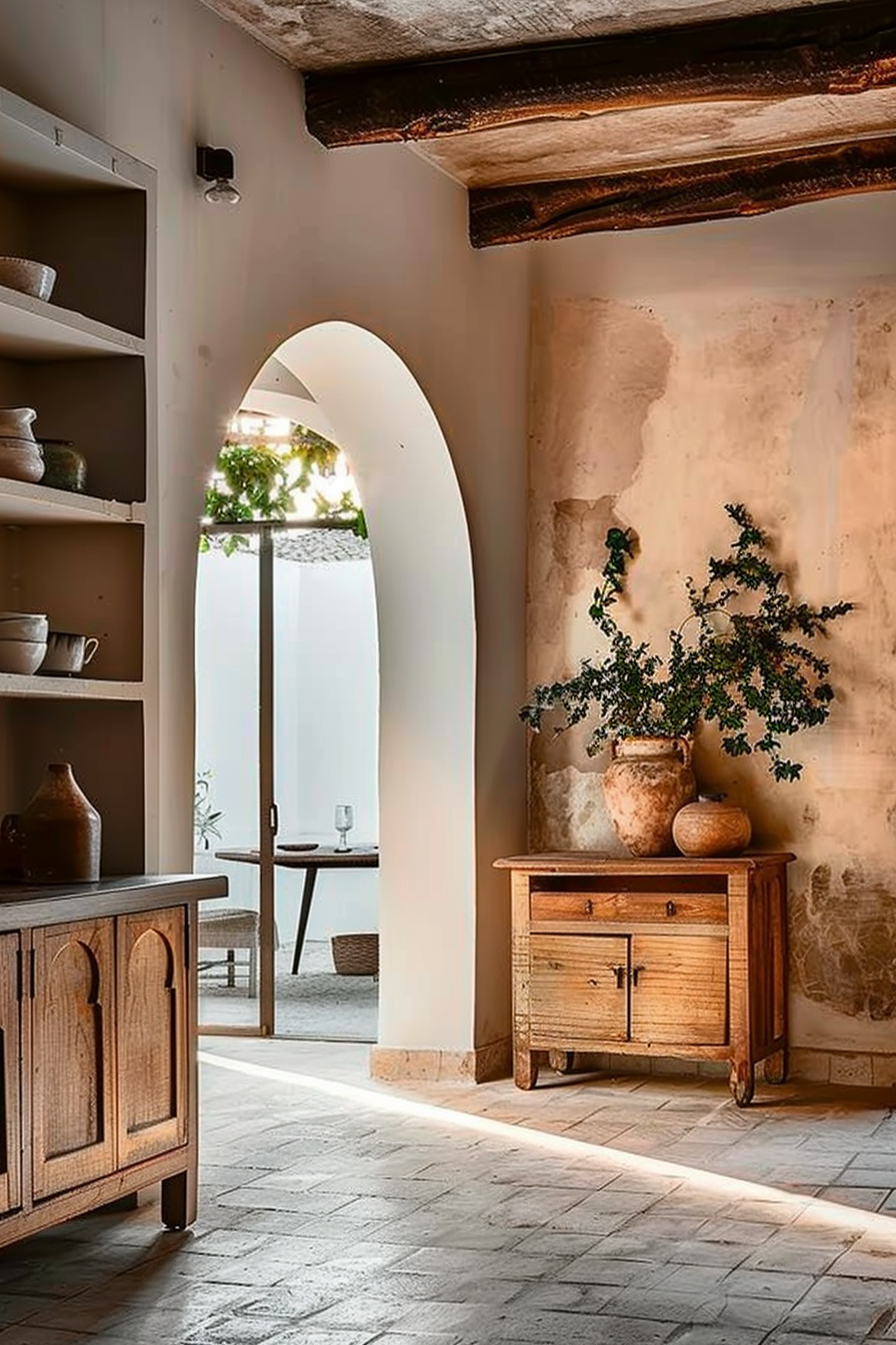 Rustic interior scene with weathered wood furniture, ceramic dishes on open shelving, and plants beside an arched doorway leading outside.