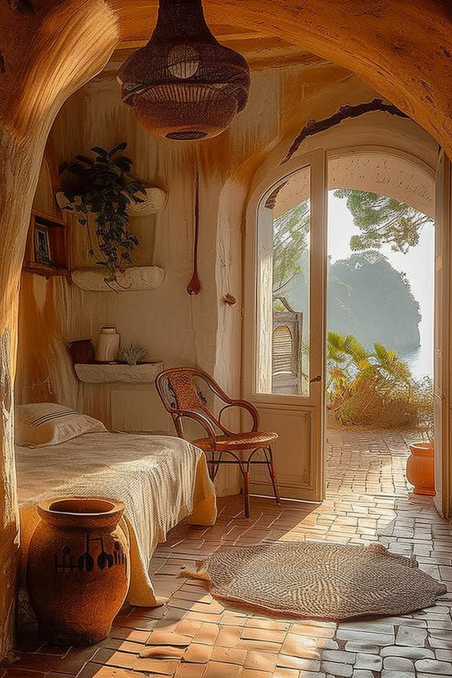 Cozy sunlit room with a rustic bed, a woven chair, terracotta pottery, and a view of lush greenery through an arched doorway.