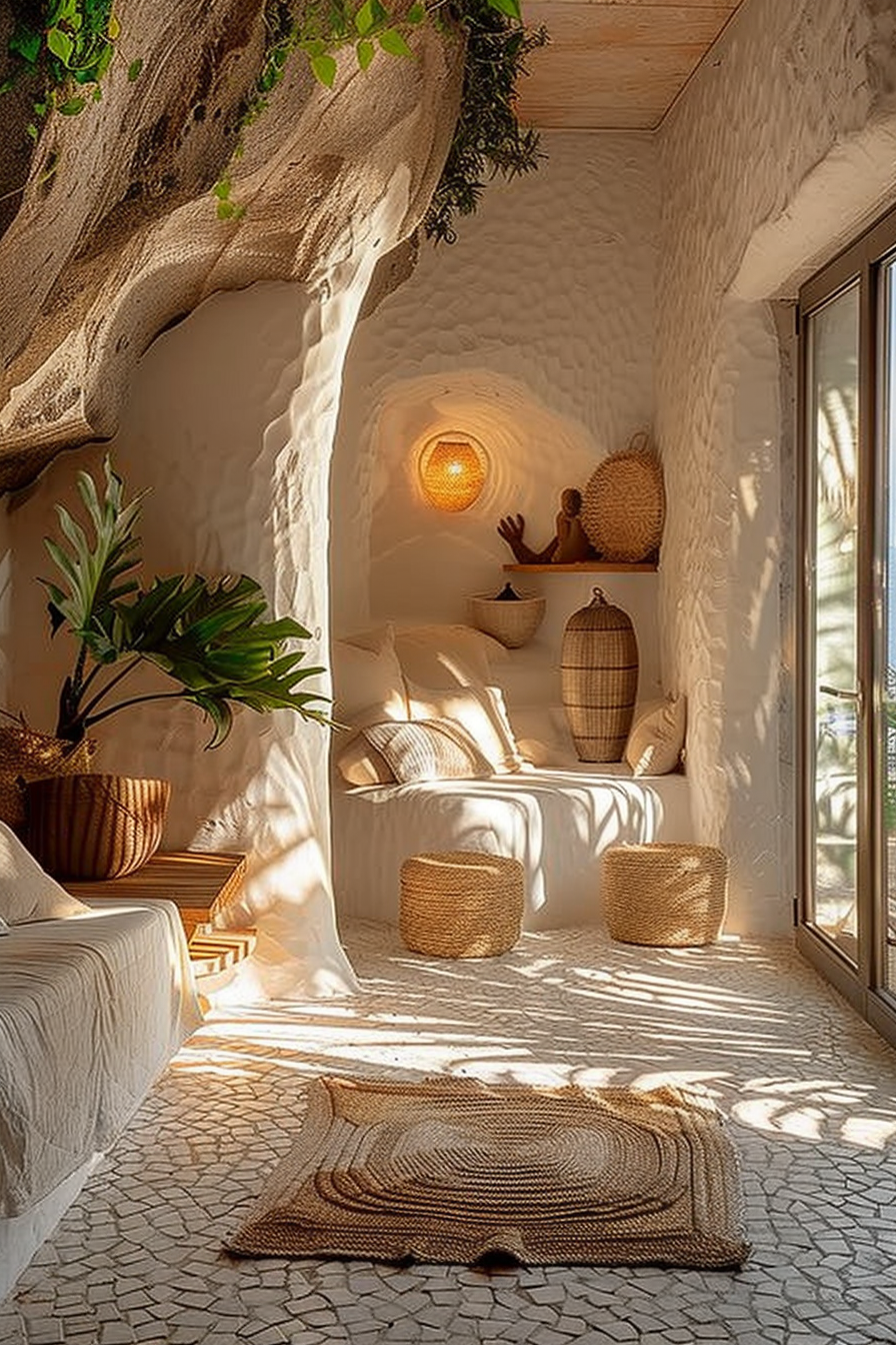 A cozy cave-like interior room featuring white walls, woven decorations, plants, soft lighting, and comfortable seating areas.