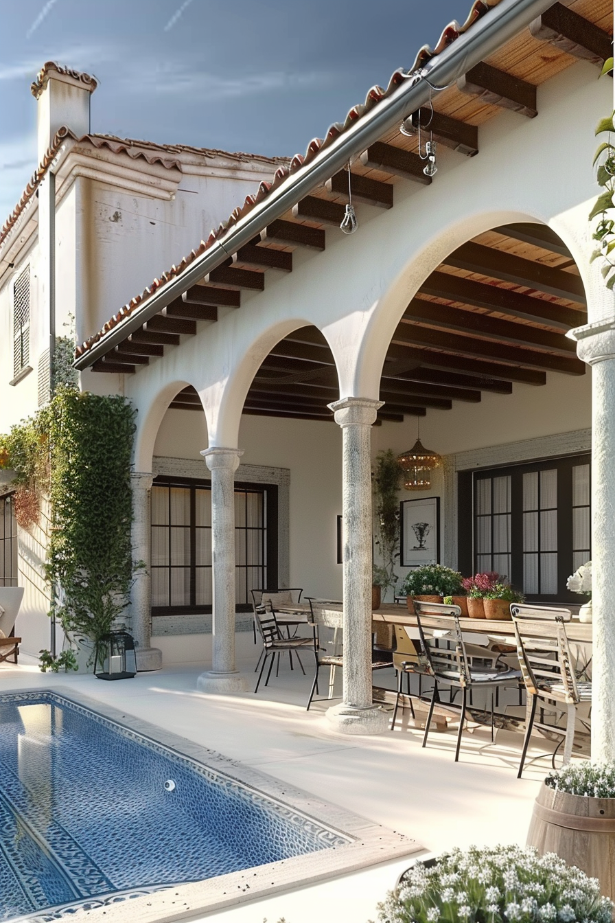 Elegant patio area with archways, a dining table set, and a pool, in a Mediterranean-style villa.