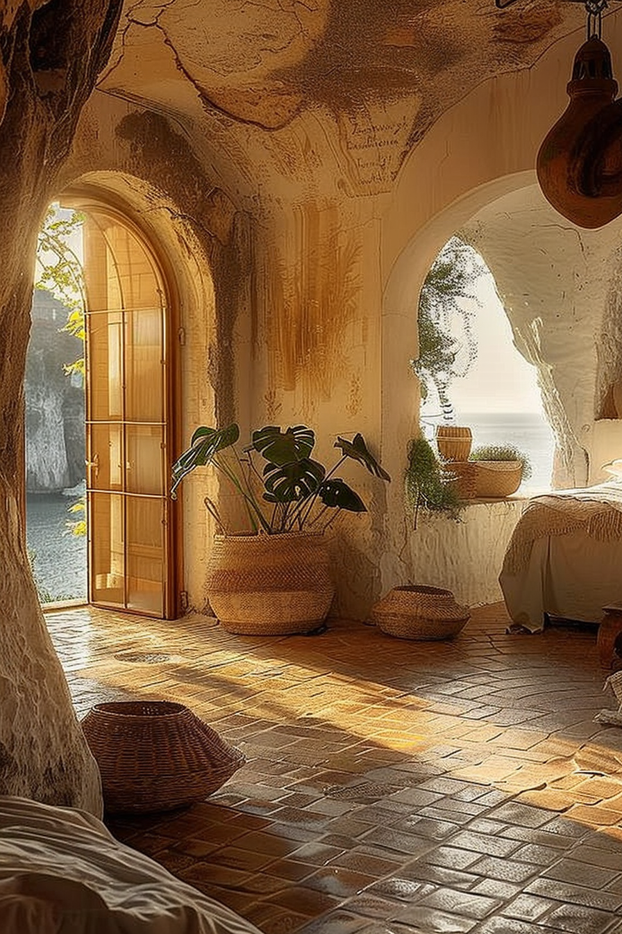 Warm sunlight filters into a cozy cave room with a wooden door, potted plants, woven baskets and a serene sea view through an arched opening.