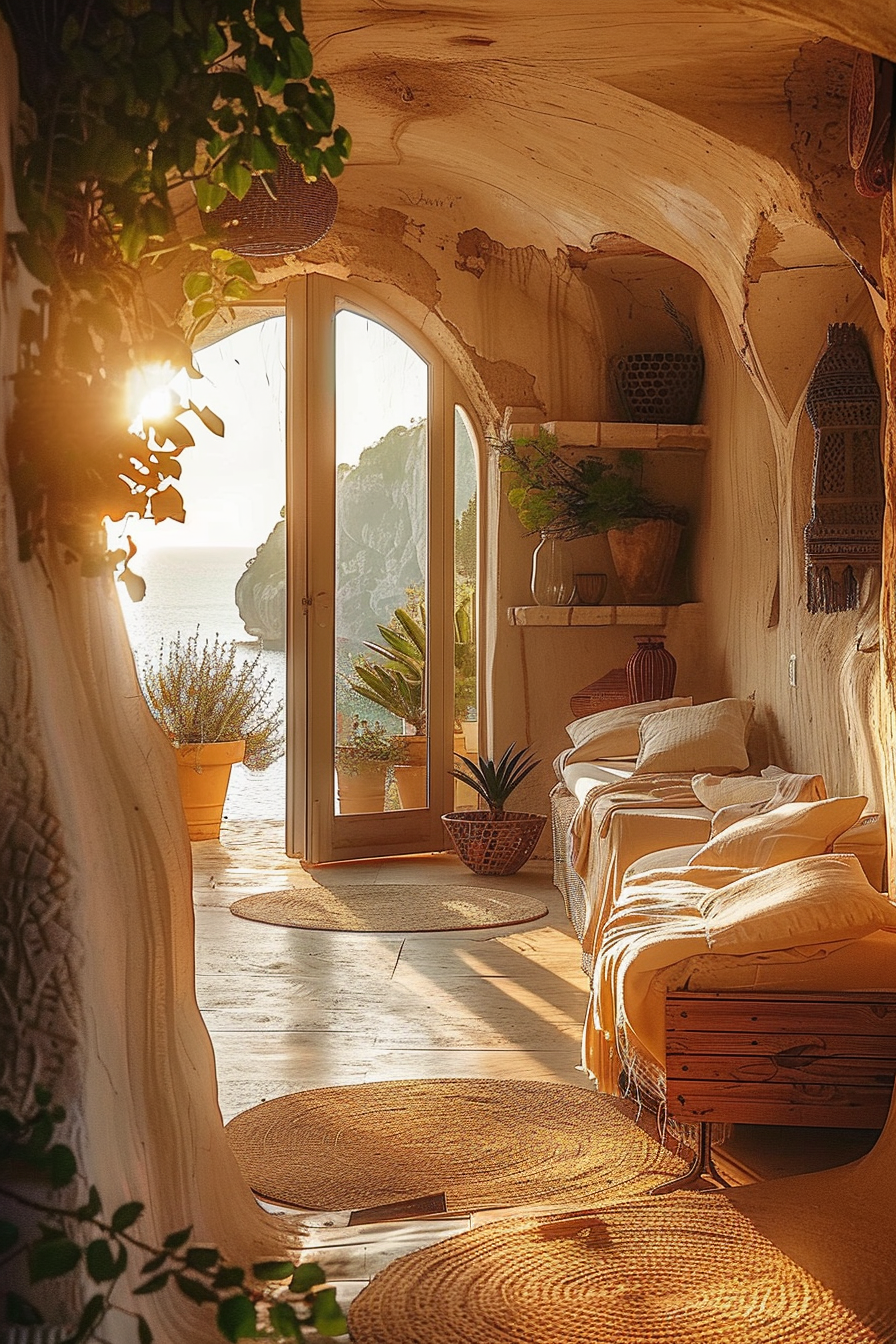 Cozy cave-like room with arched entry, warm sunlight pouring in, a comfortable bed, plants, and a view of the sea through an open door.