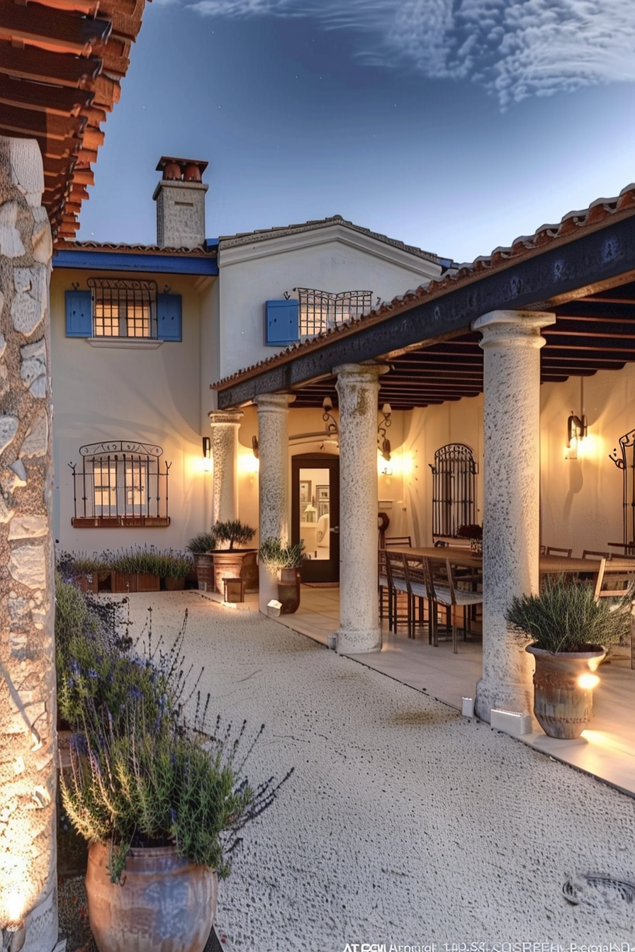 Elegant outdoor patio area of a Mediterranean villa at dusk with terracotta tiles, stone columns, and decorative wrought iron details.