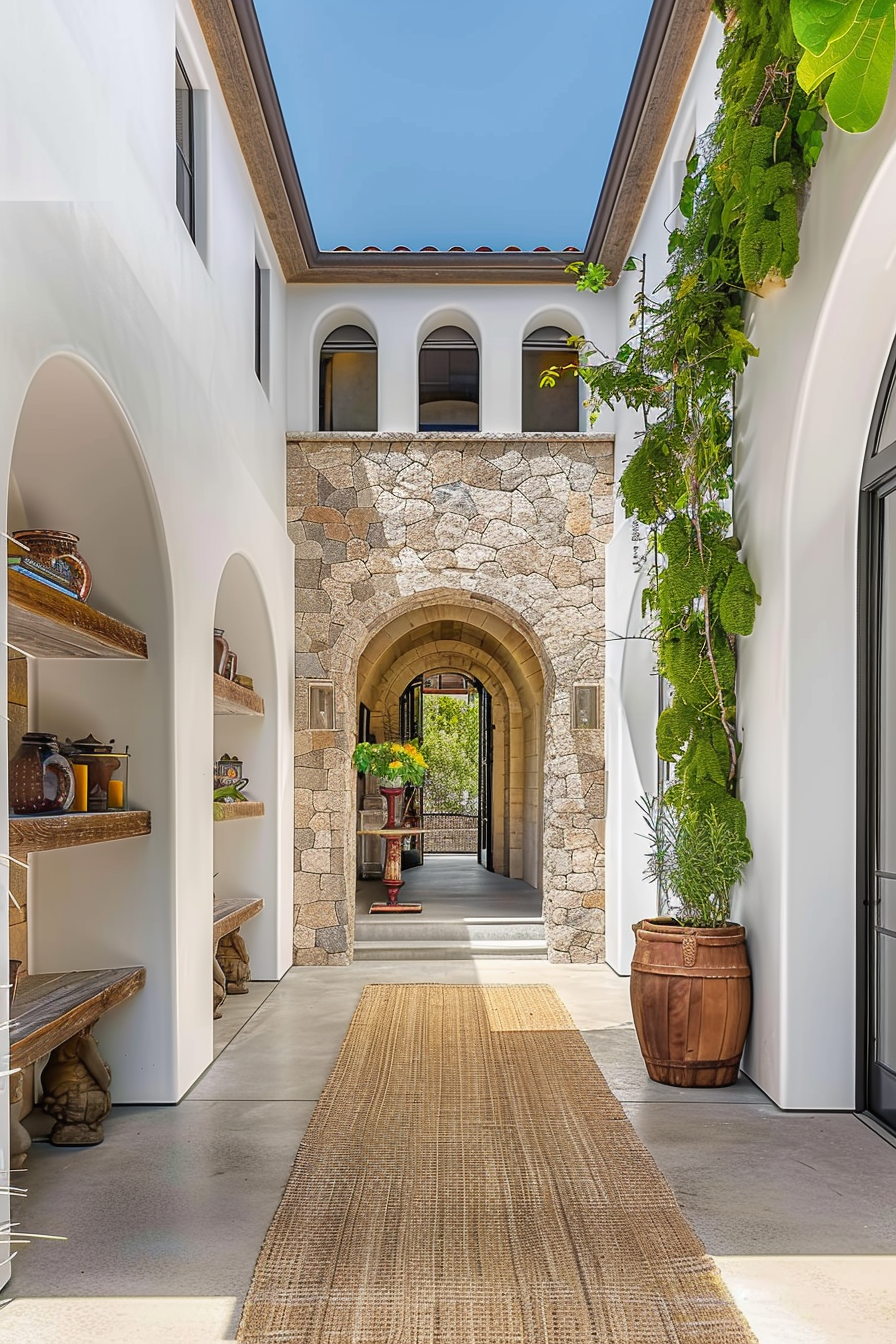 Sunlit archway in a Mediterranean-style courtyard with stone walls, potted plants, and decorative shelves.