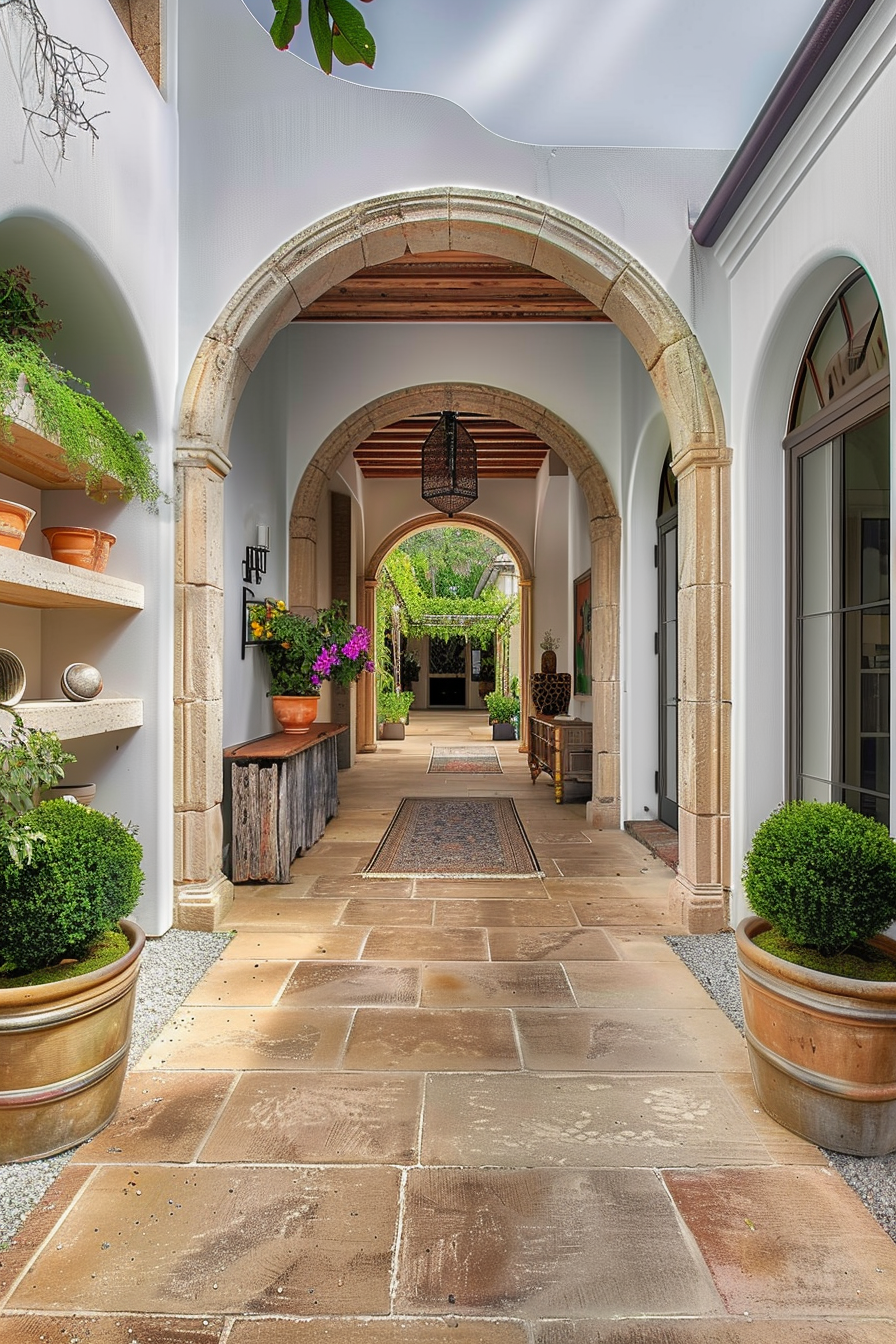 "An elegant stone-paved corridor with arches leading to a garden, adorned with potted plants and hanging greenery."
