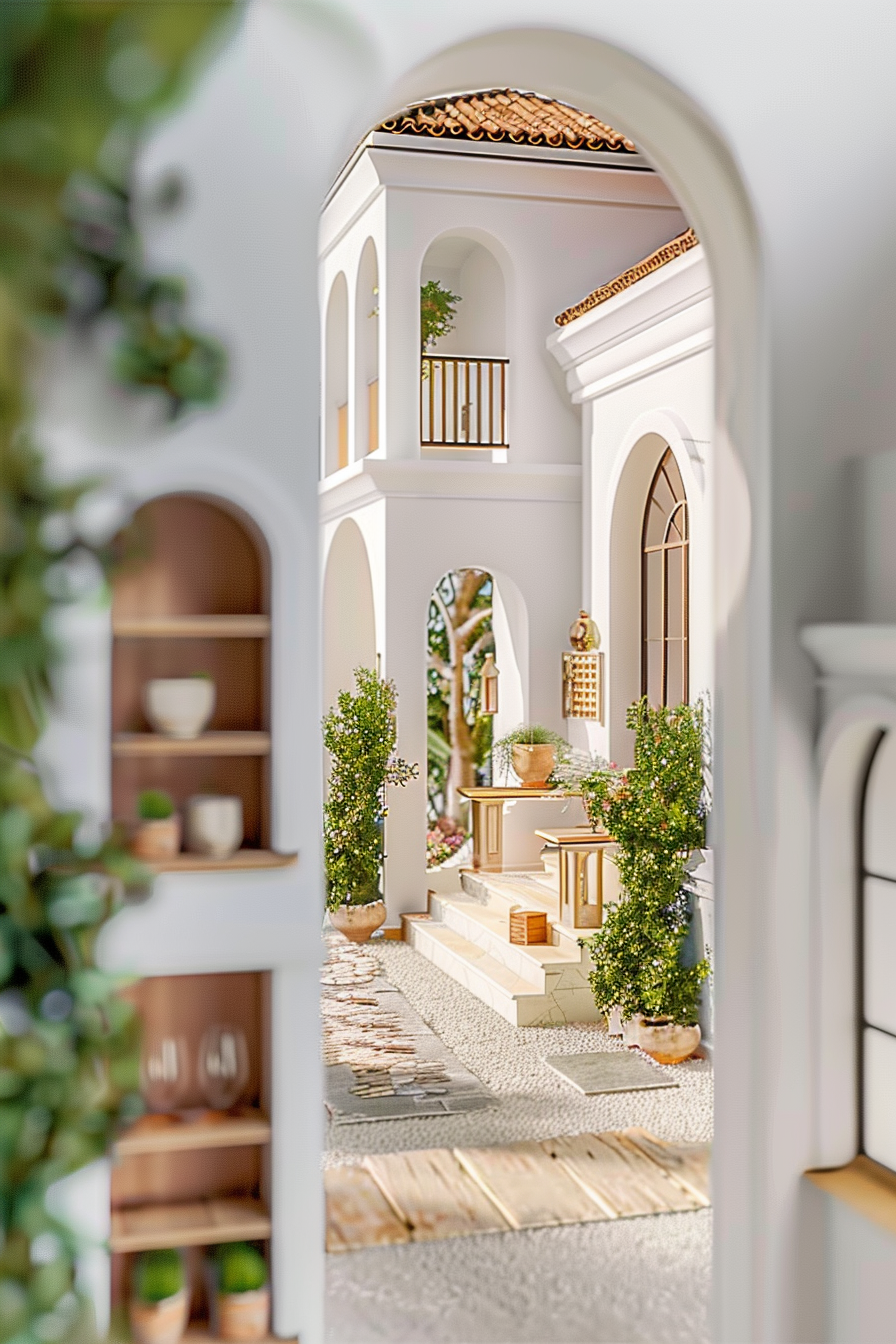 A serene Mediterranean-style courtyard with whitewashed walls, archways, terracotta roof tiles, potted plants, and cobblestone path.