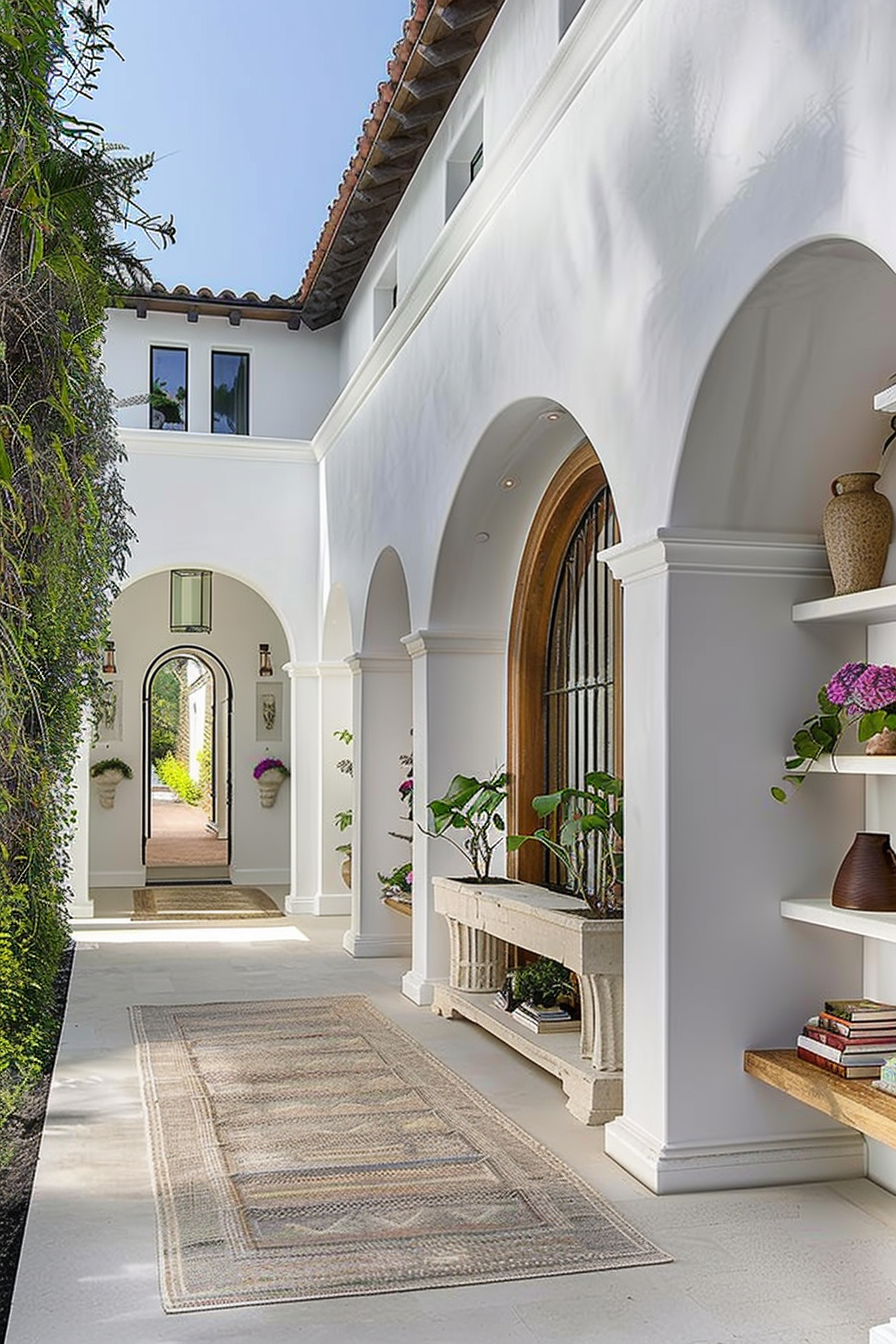 Bright, airy corridor of a Mediterranean-style house with archways, potted plants on built-in shelving, and a patterned rug on the floor.