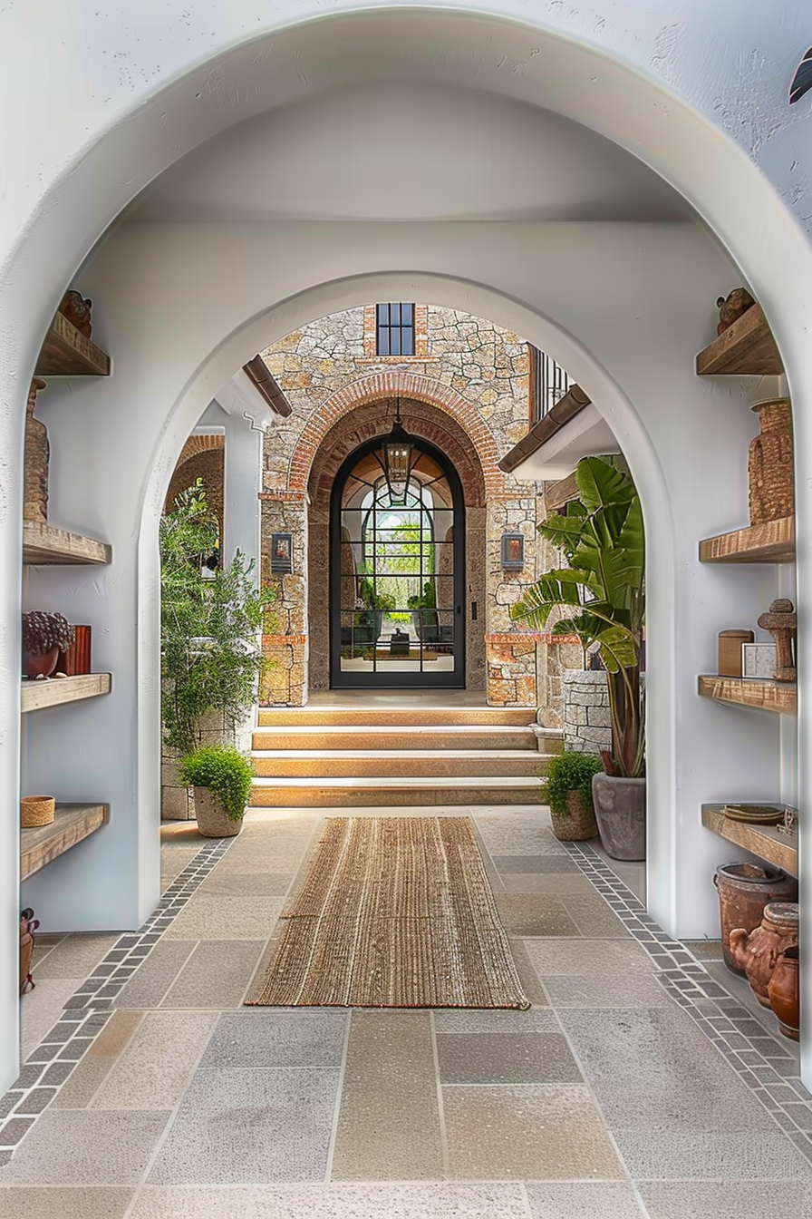 Arched hallway with stone walls, wooden shelves, potted plants, and a view through an ornate door.