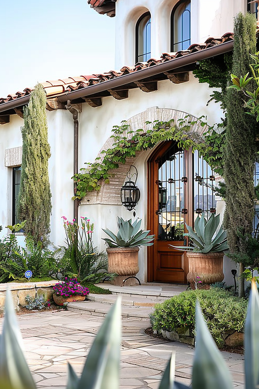 A charming entrance of a Mediterranean-style house with a wooden arched door, surrounded by lush plants, agave, and a hanging lantern.