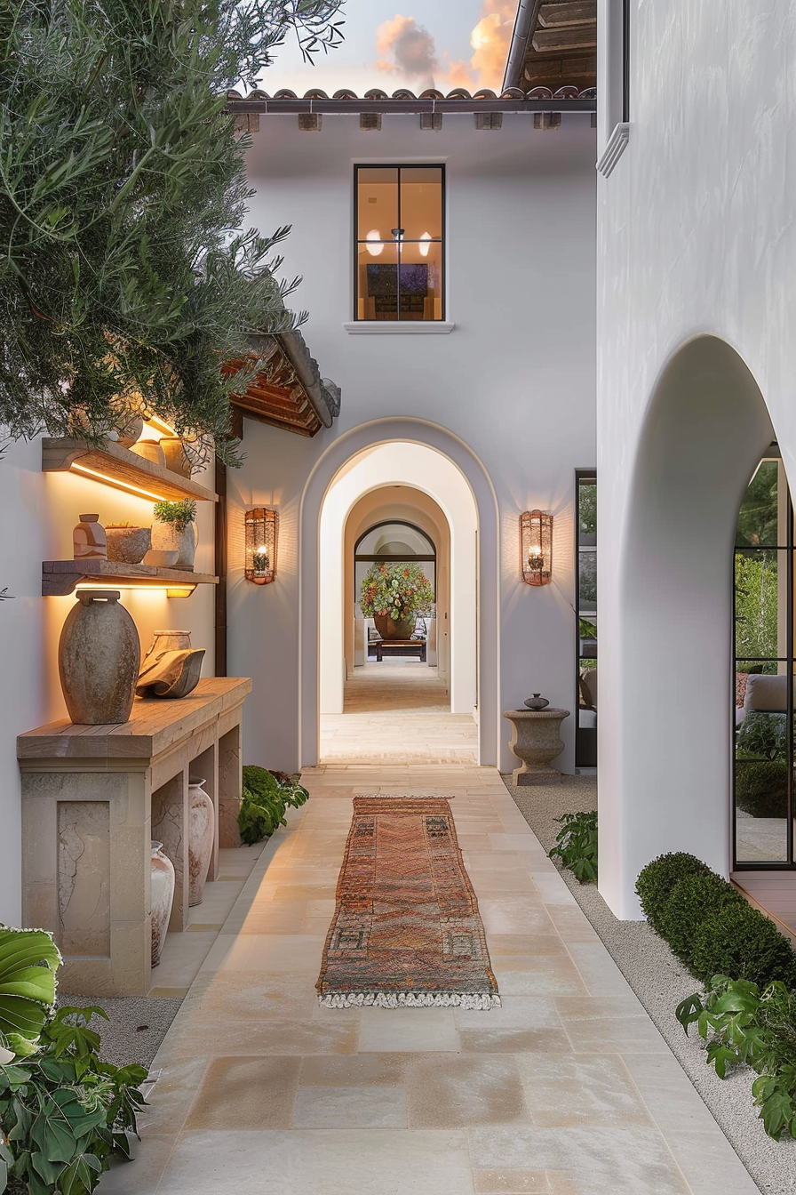 Elegant outdoor passageway with arches, warm lighting, potted plants, and an ornate rug leading to a flower-adorned table.