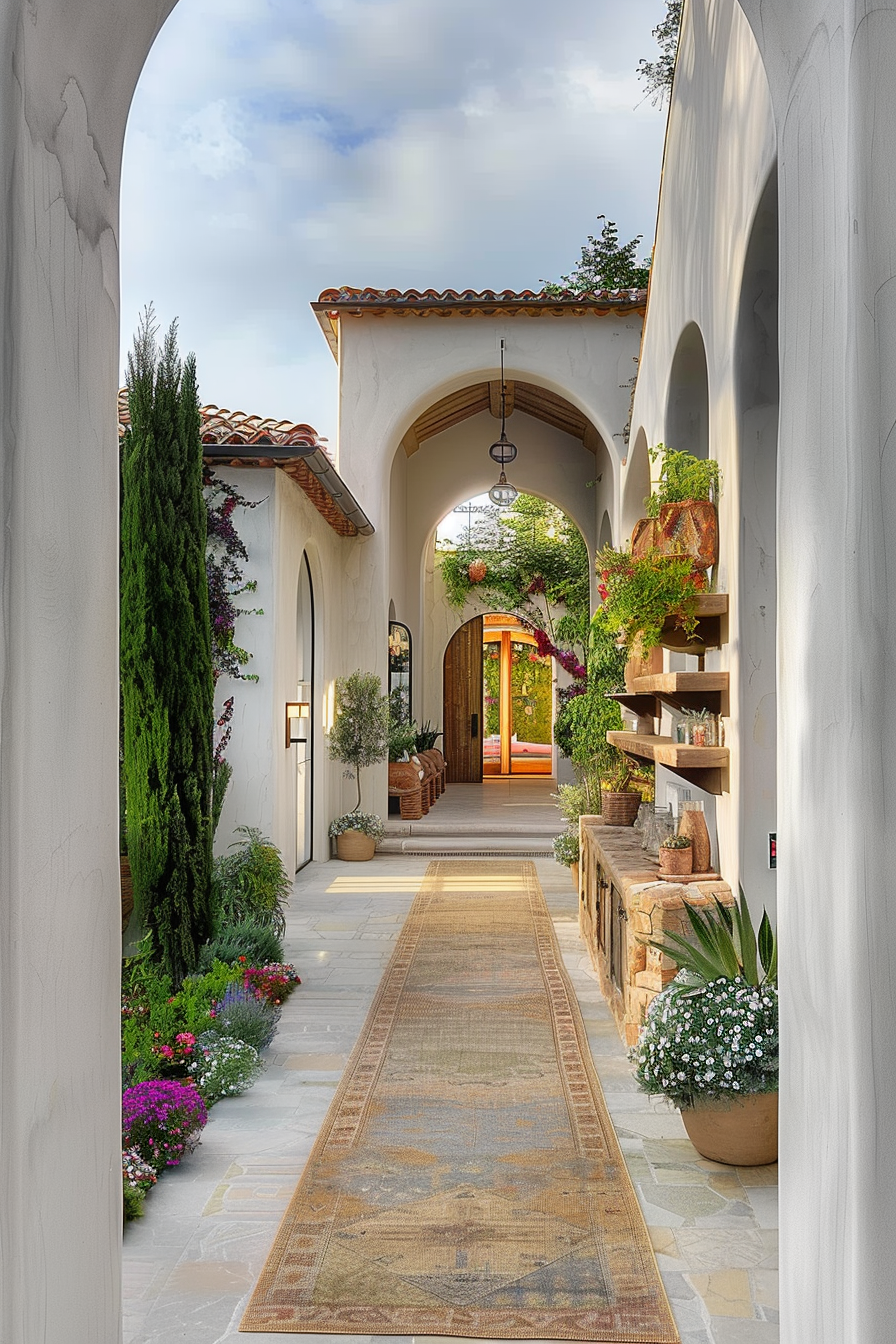 Alt text: A tranquil Mediterranean-style passageway with arches, hanging lanterns, wall-mounted plant shelves, and a colorful flower-lined pathway.