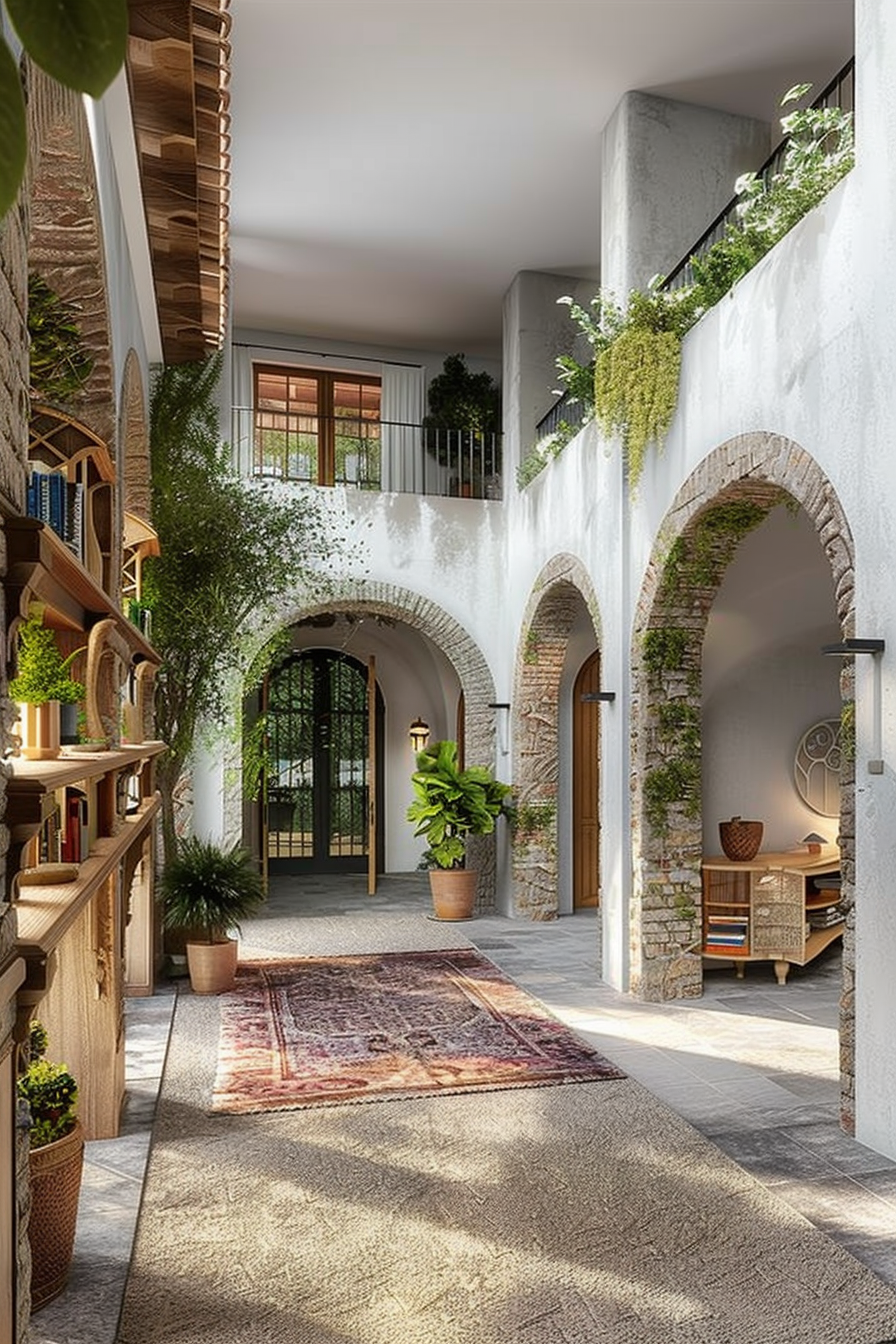 A sunny, open-air corridor in a Mediterranean style building with arched doorways, stone walls, green plants, and a clothed study desk.