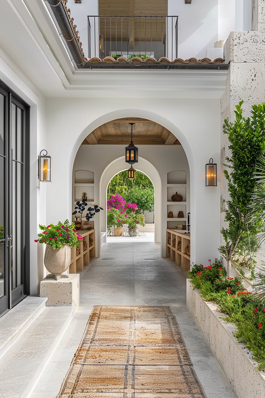 A serene outdoor passageway with arches, hanging lanterns, potted plants, and a woven rug, framed by a balcony above.
