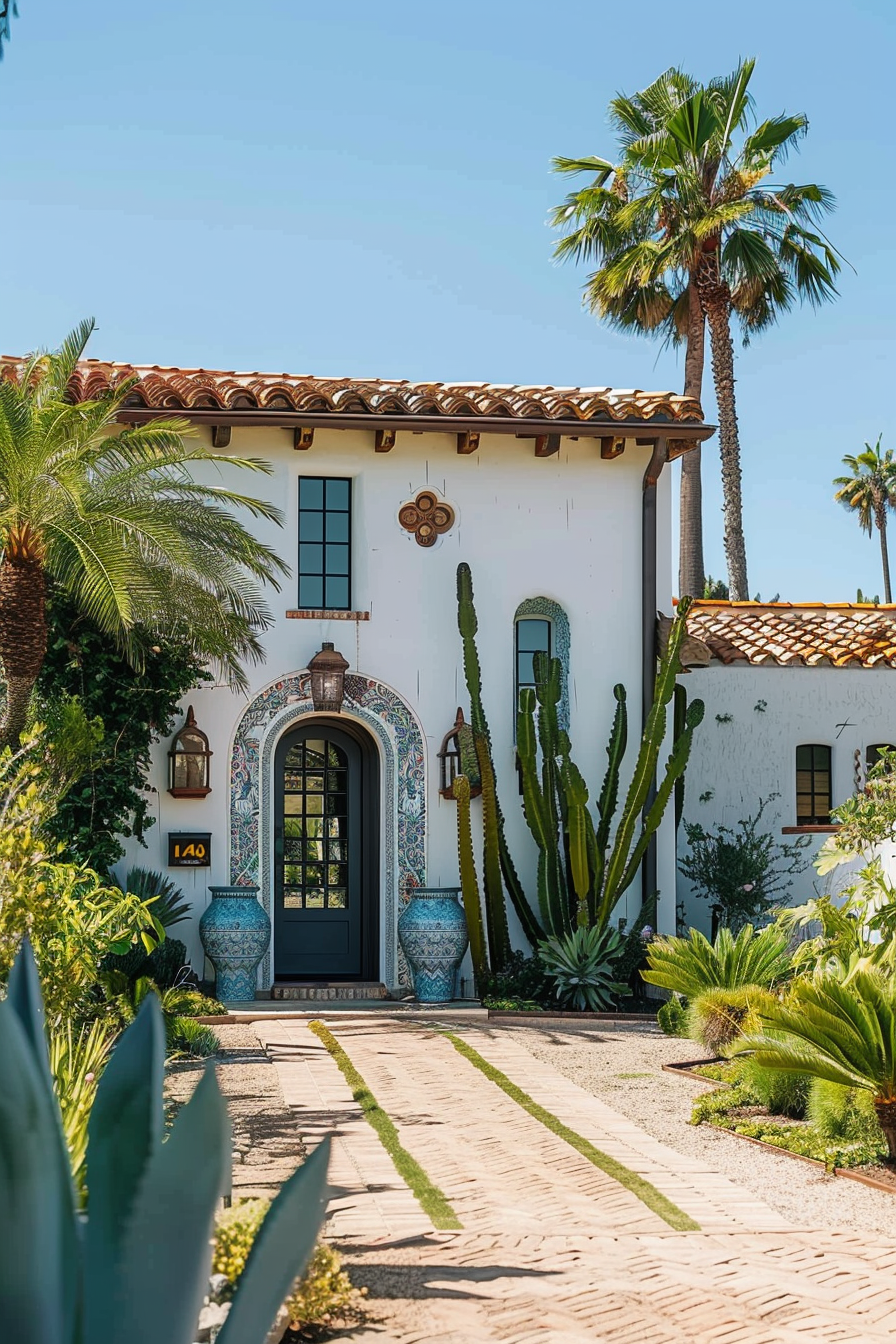 A Spanish-style house entrance with a decorative door, flanked by large blue pots, palm trees, and cacti under a sunny sky.