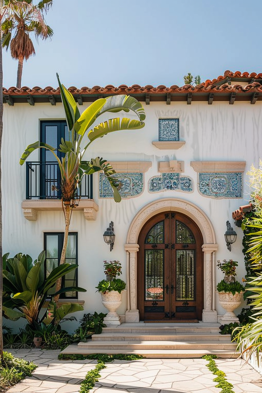 ALT: Traditional Mediterranean-style house with a red-tiled roof, arch wooden door, decorative tiles, and lush tropical plants.