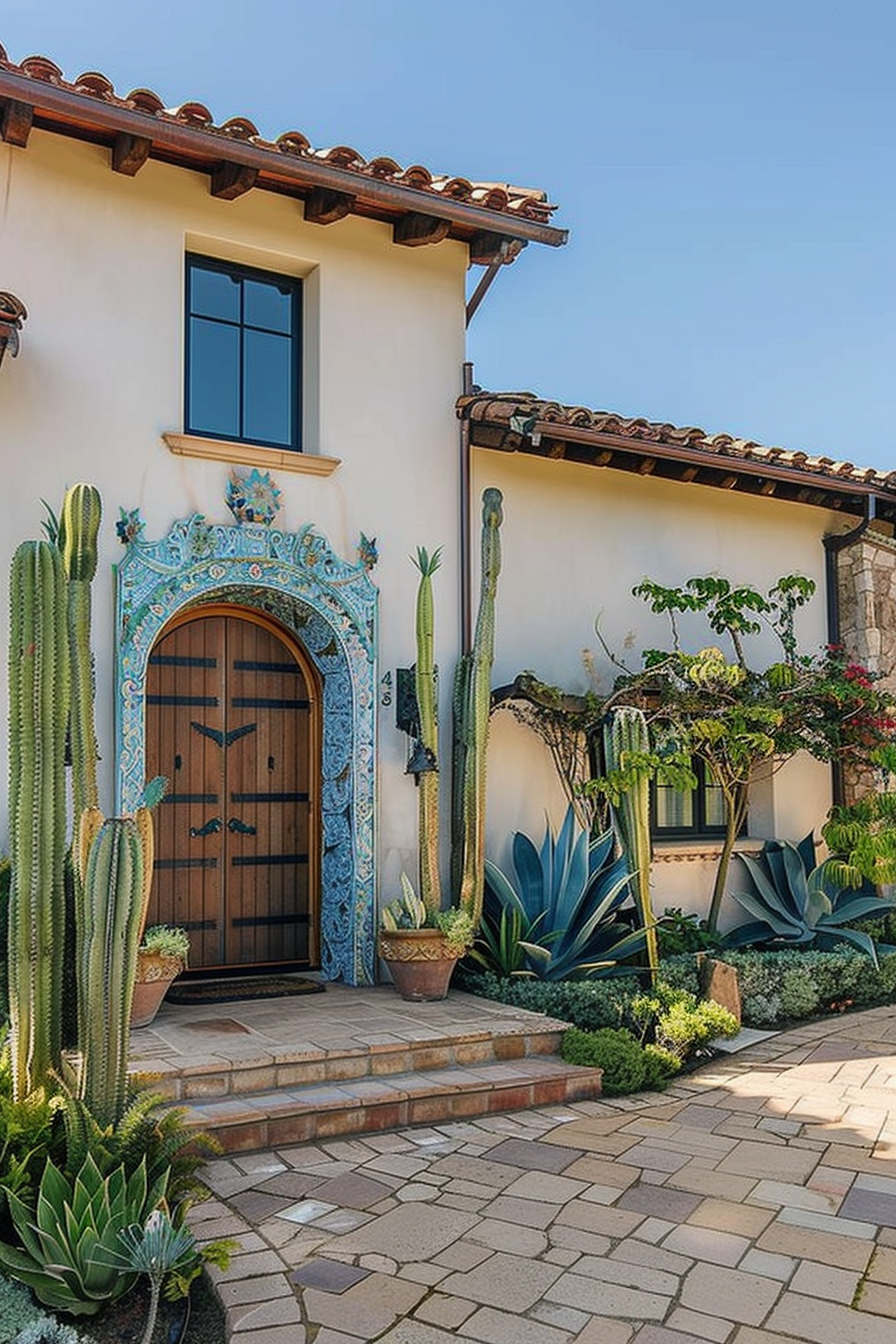 ALT: Entrance to a house with a traditional wooden door framed by a decorative blue-tiled archway, surrounded by cacti and succulent plants.