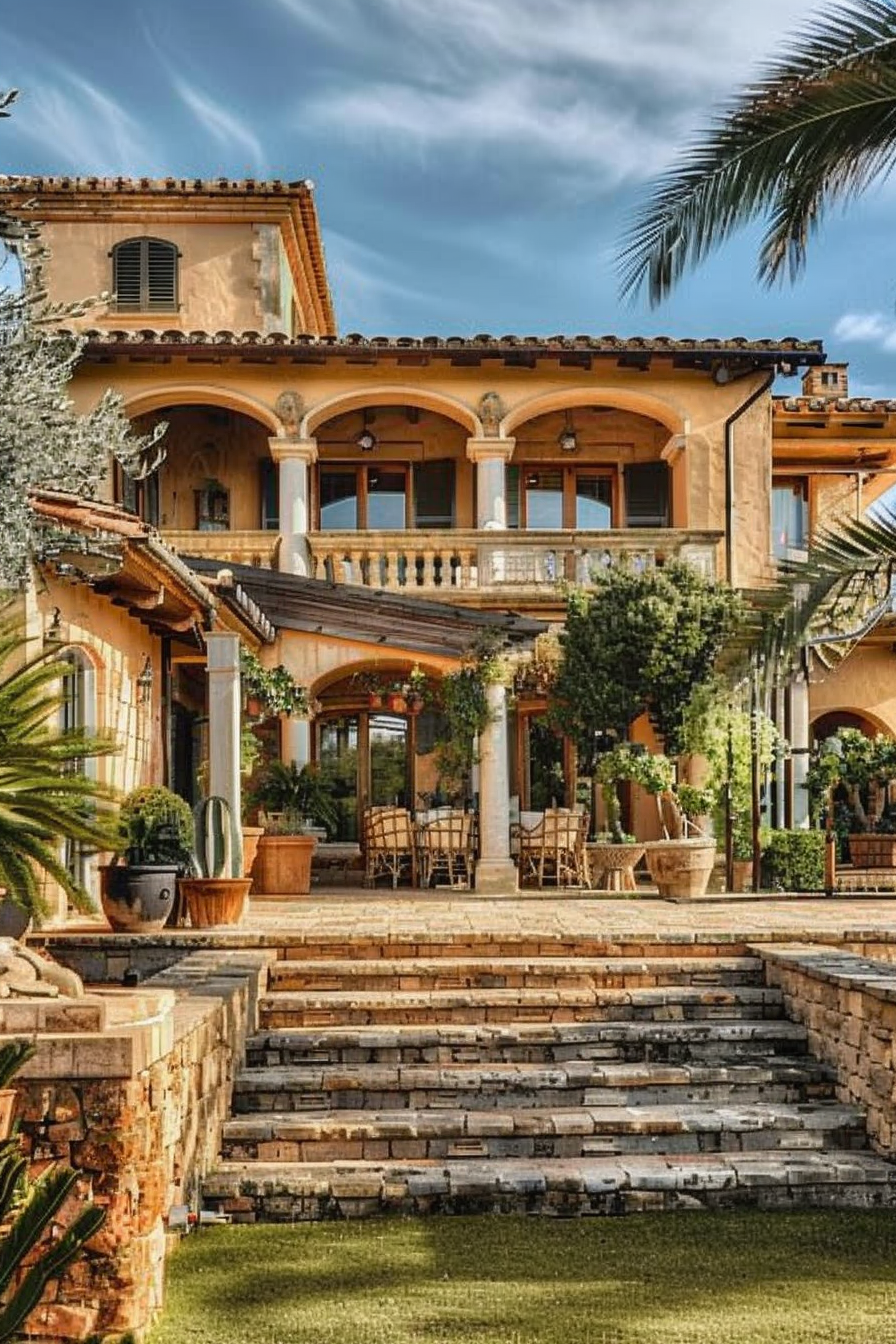 ALT: Luxurious Mediterranean-style villa with terracotta roofs, arched colonnade, outdoor seating, and stone stairway surrounded by lush plants.