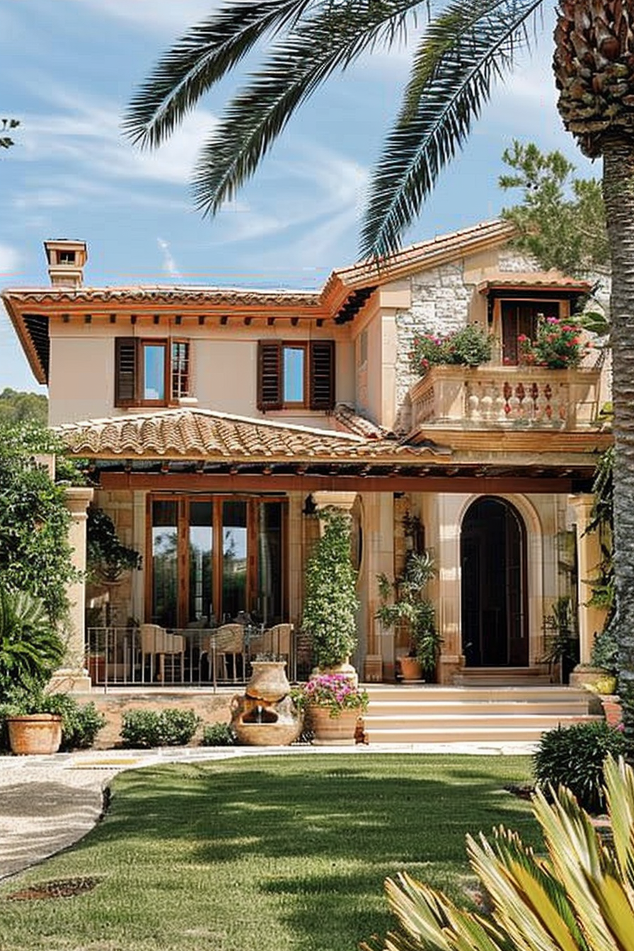 ALT: A two-story Mediterranean-style villa with a tiled roof, tall windows, a balcony with flowers, and surrounded by palm trees and green lawn.