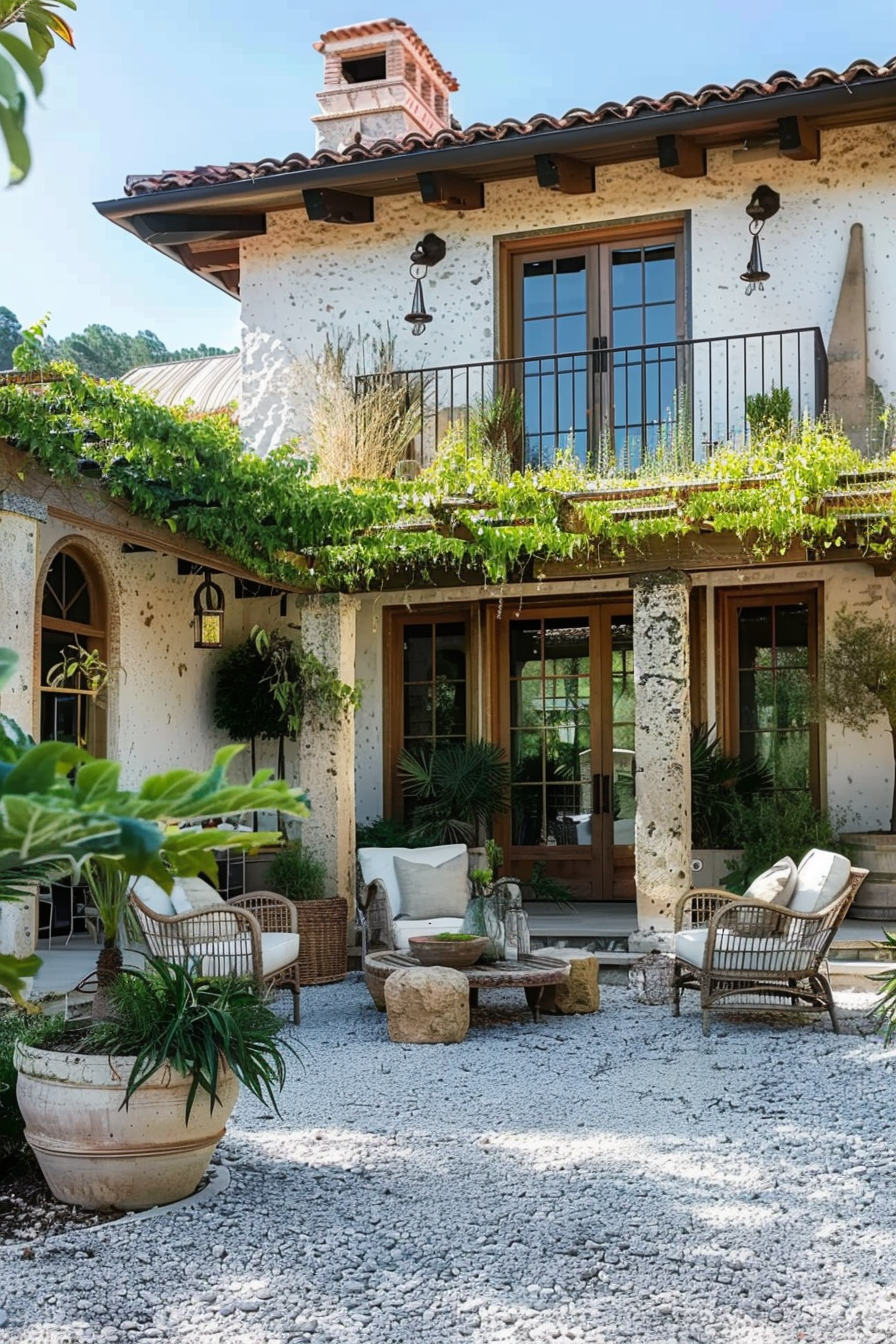"Charming two-story house with textured walls, a tile roof, and a balcony overgrown with green vines, complemented by a cozy outdoor seating area."
