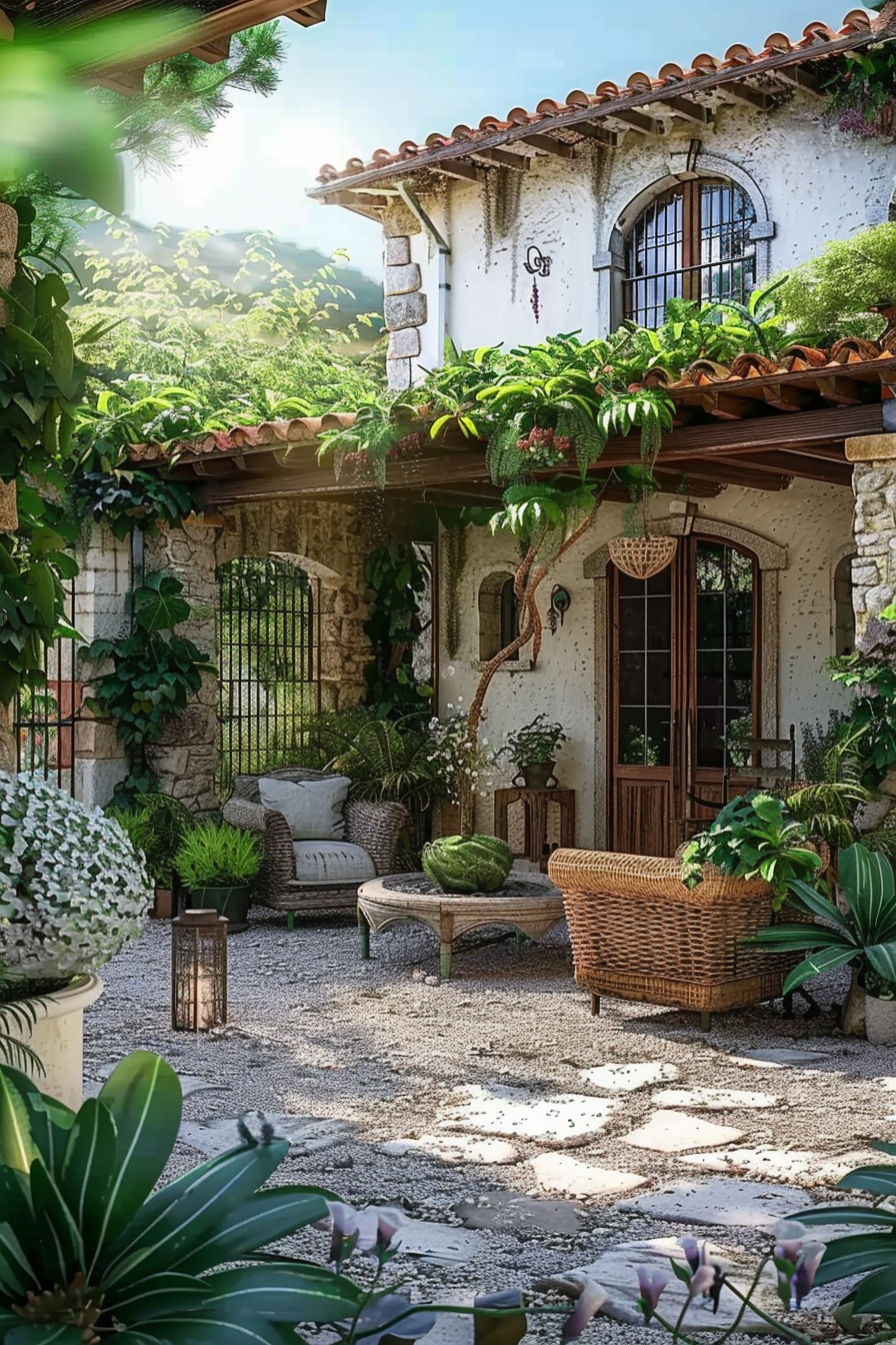 Charming rustic patio adorned with lush plants, wicker furniture, and weathered stone detailing under a terracotta tile overhang.