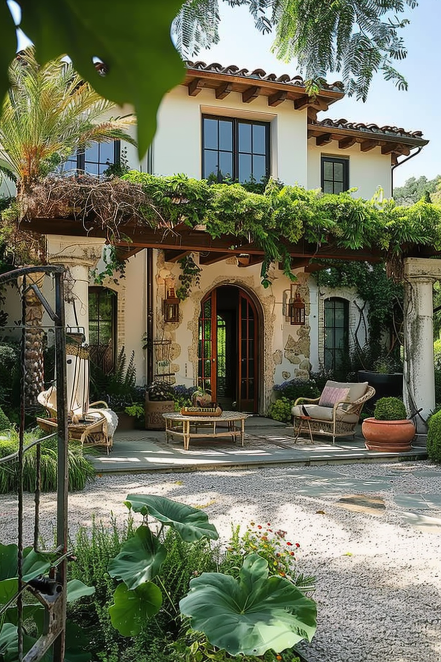 Charming two-story house with a tiled roof, surrounded by lush greenery, featuring an arched doorway and cozy outdoor seating area.