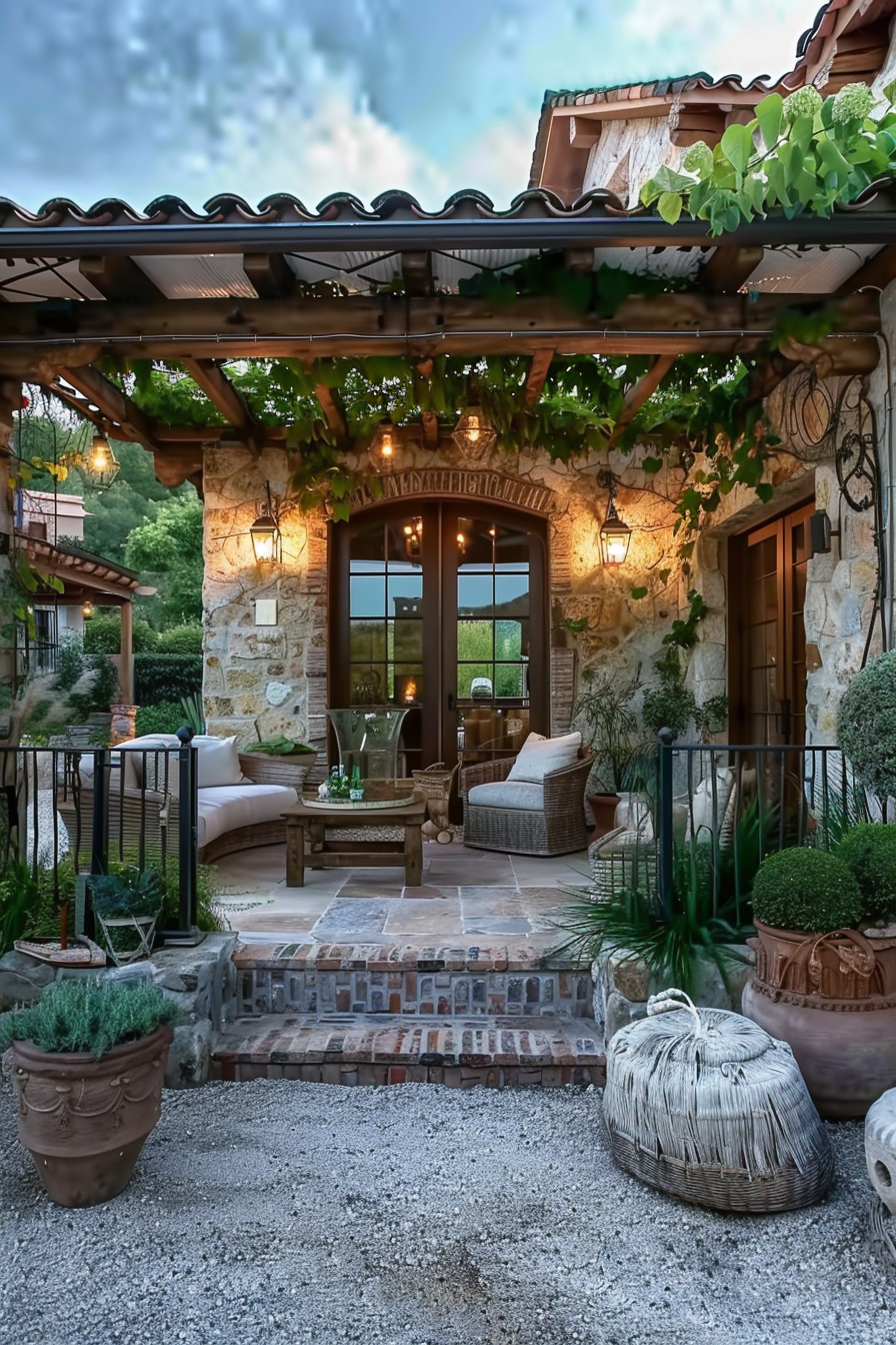 ALT text: Cozy patio area of a stone house with plush seating, potted plants, and hanging lights under a vine-covered pergola at dusk.