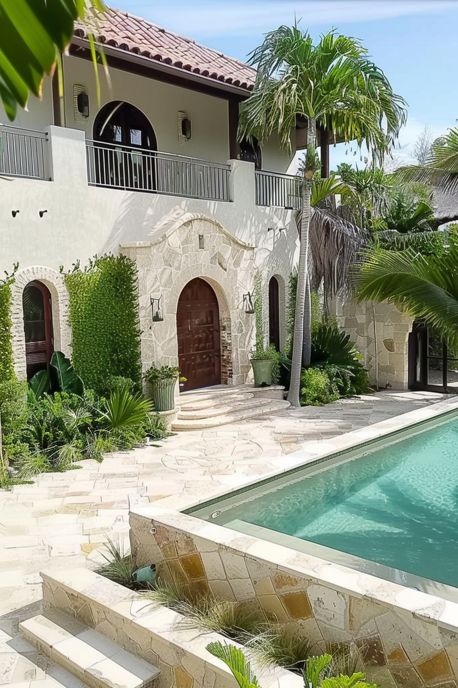 ALT: Elegant two-story house with textured walls and balcony, surrounded by lush greenery and a narrow pool with stone steps leading up to the entrance.