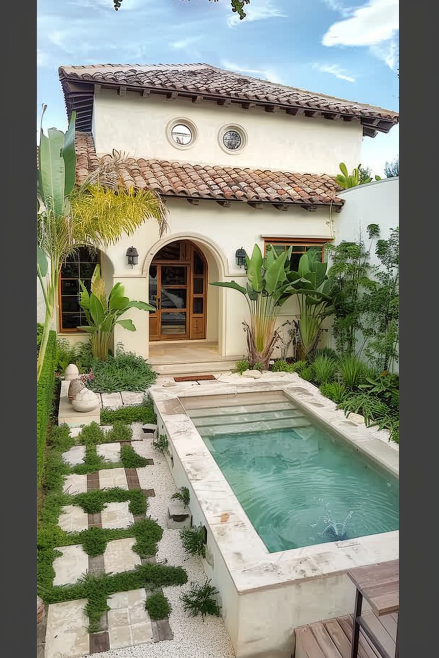 A two-story stucco home with terracotta tile roof, a small pool, and a landscaped path in the courtyard.