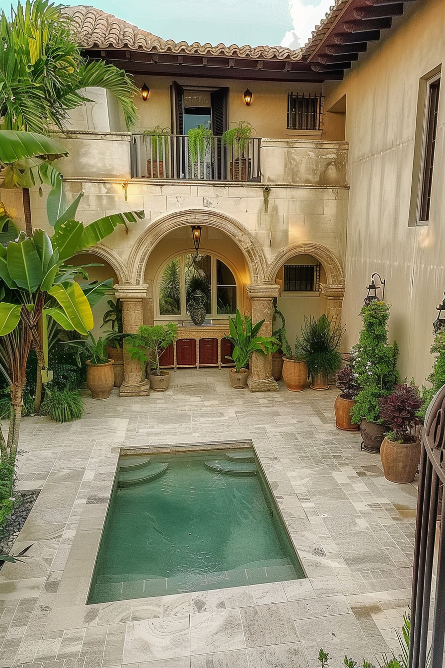 ALT: A serene courtyard featuring a small pool, tiled floor, lush potted plants, and a two-story building with arched doorways and balconies.